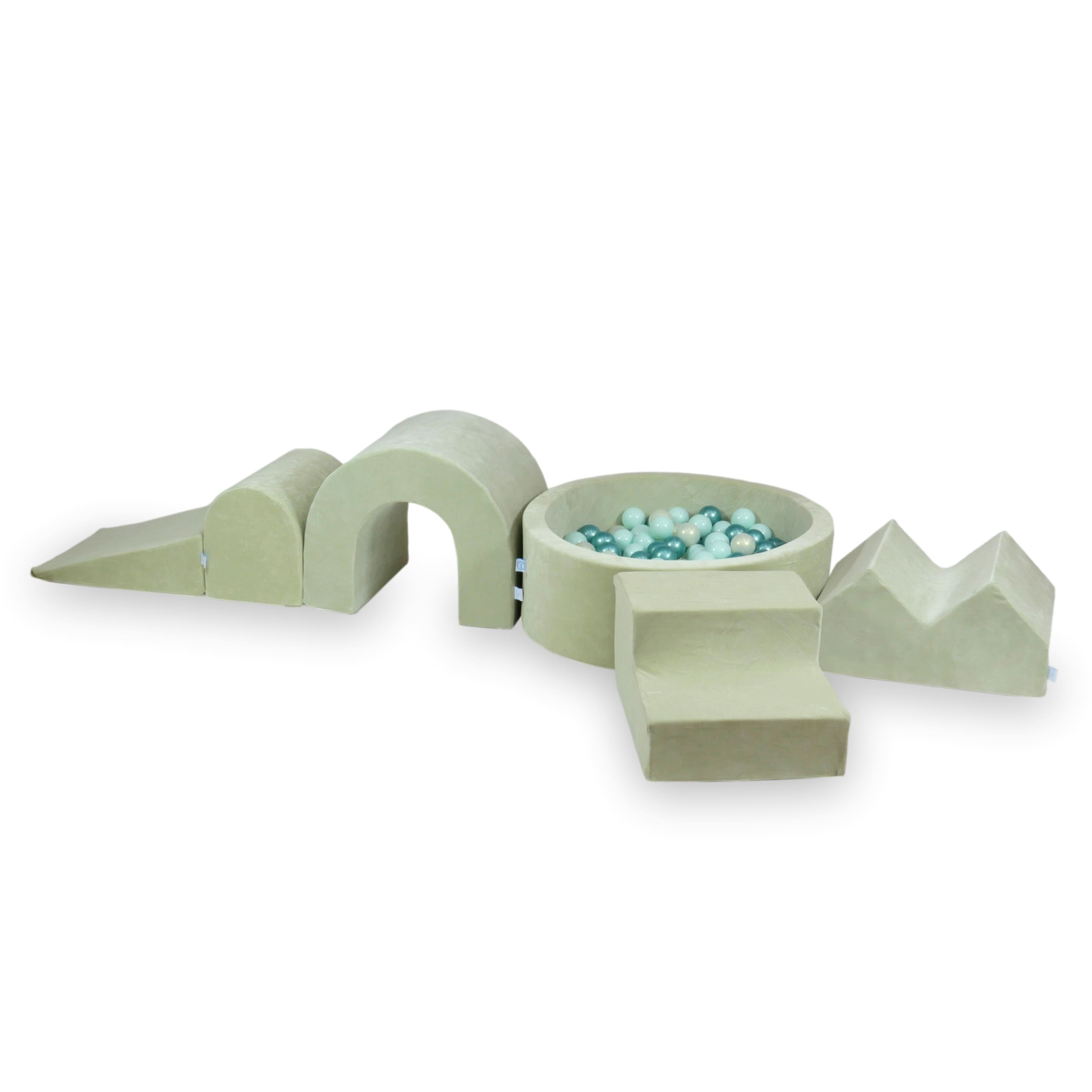 Schaumstoff-Spielbereich mit rundem Pool 90x30 Velvet Soft Light Mint + 5 Elemente + 200 Bälle (perlmuttfarben, hellmintgrün, metallisch-graphit)