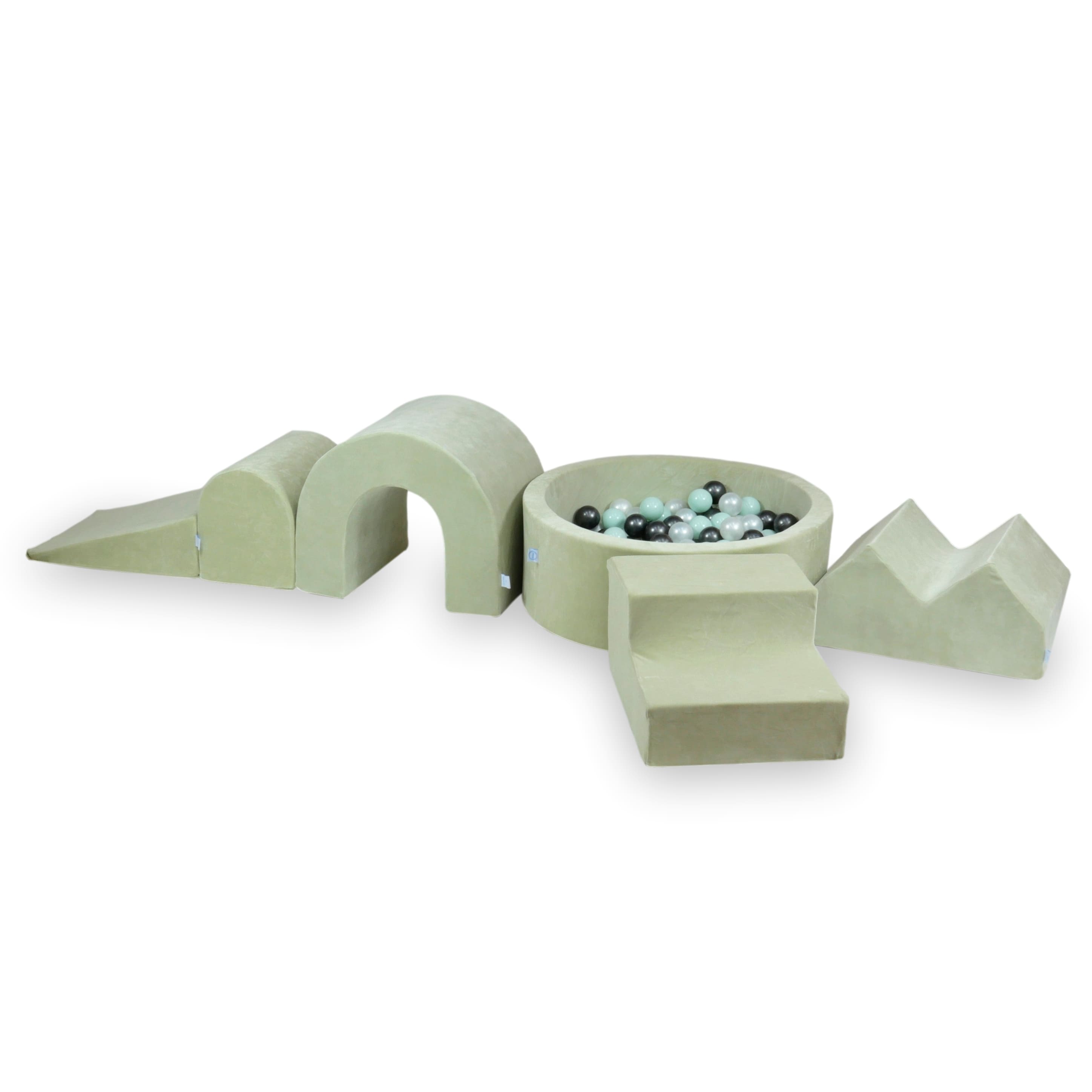Schaumstoff-Spielbereich mit rundem Pool 90x30 Velvet Soft Light Mint + 5 Elemente + 200 Bälle (perlmuttfarben, hellmintgrün, metallisch-graphit)