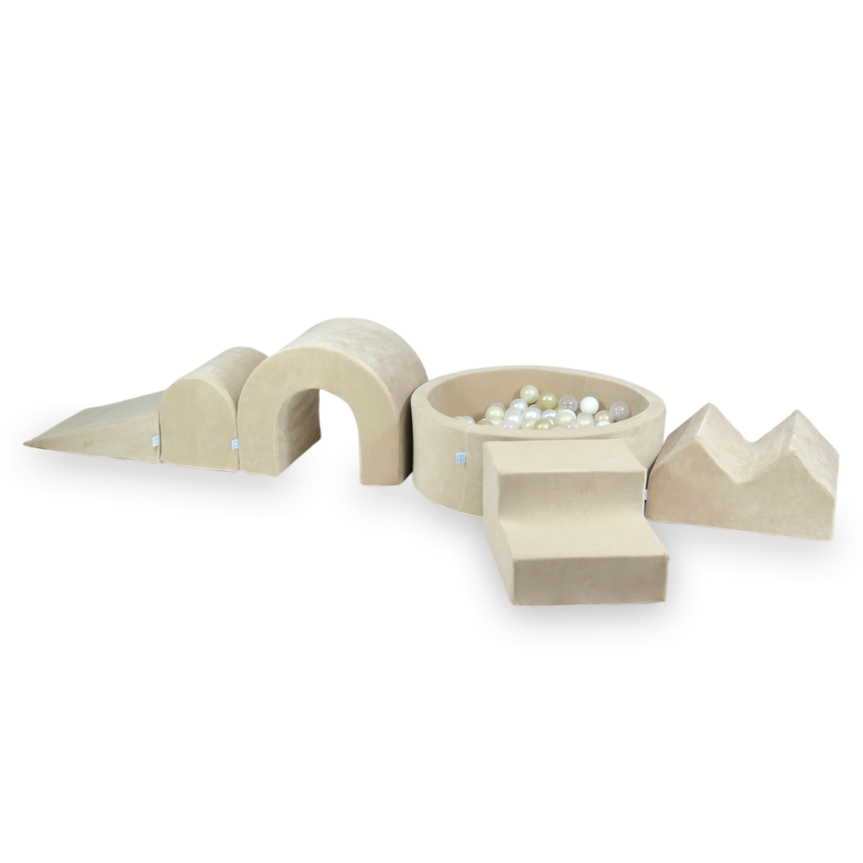 Schaumstoff-Spielbereich mit rundem Pool 90x30 Velvet Soft Beige + 5 Elemente + 200 Bälle (transparent, weiß, perlmuttfarben, hellgold)