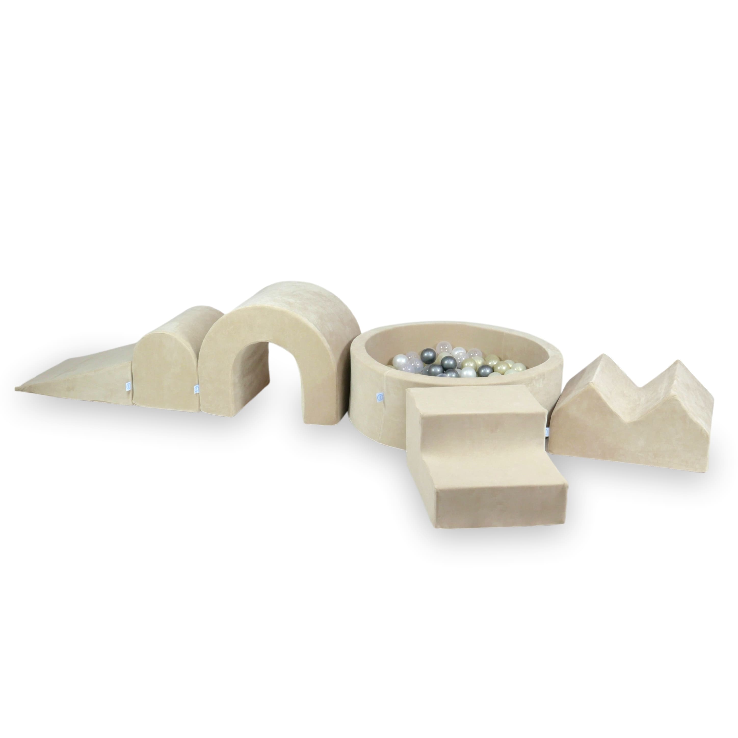 Schaumstoff-Spielbereich mit rundem Pool 90x30 Velvet Soft Beige + 5 Elemente + 200 Bälle (transparent, weiß, perlmuttfarben, hellgold)