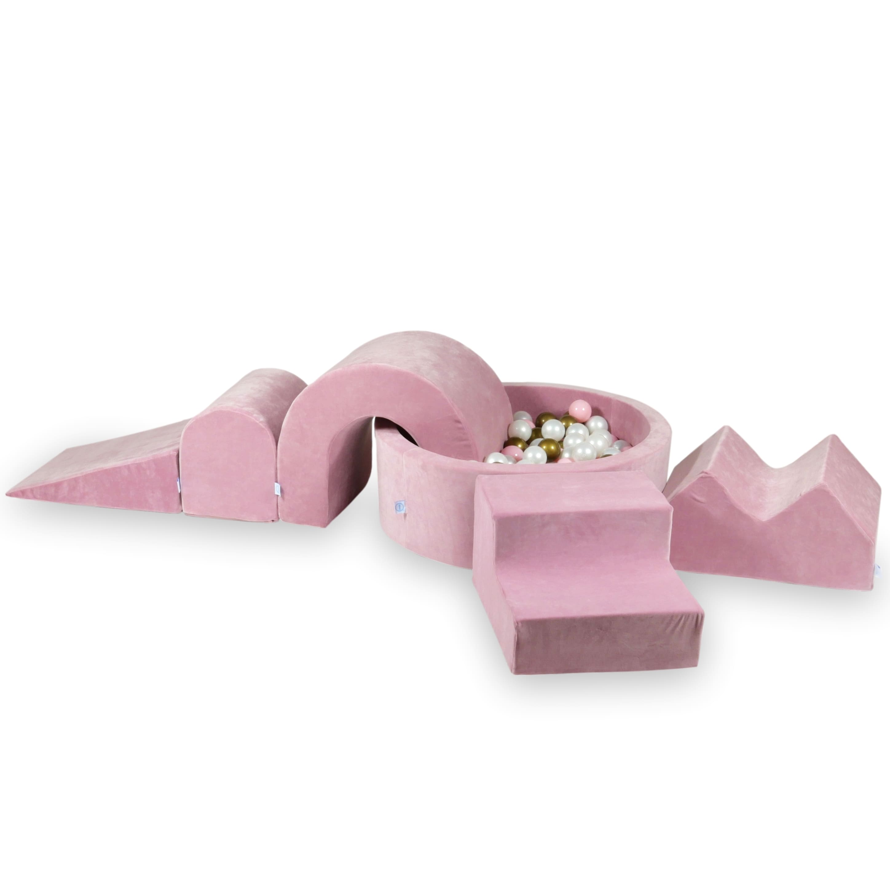Schaumstoffspielbereich mit rundem Pool 90x30 Velvet Soft Rose + 5 Elemente + 200 Bälle (Perlmutt, Hellrosa, Antikgold)