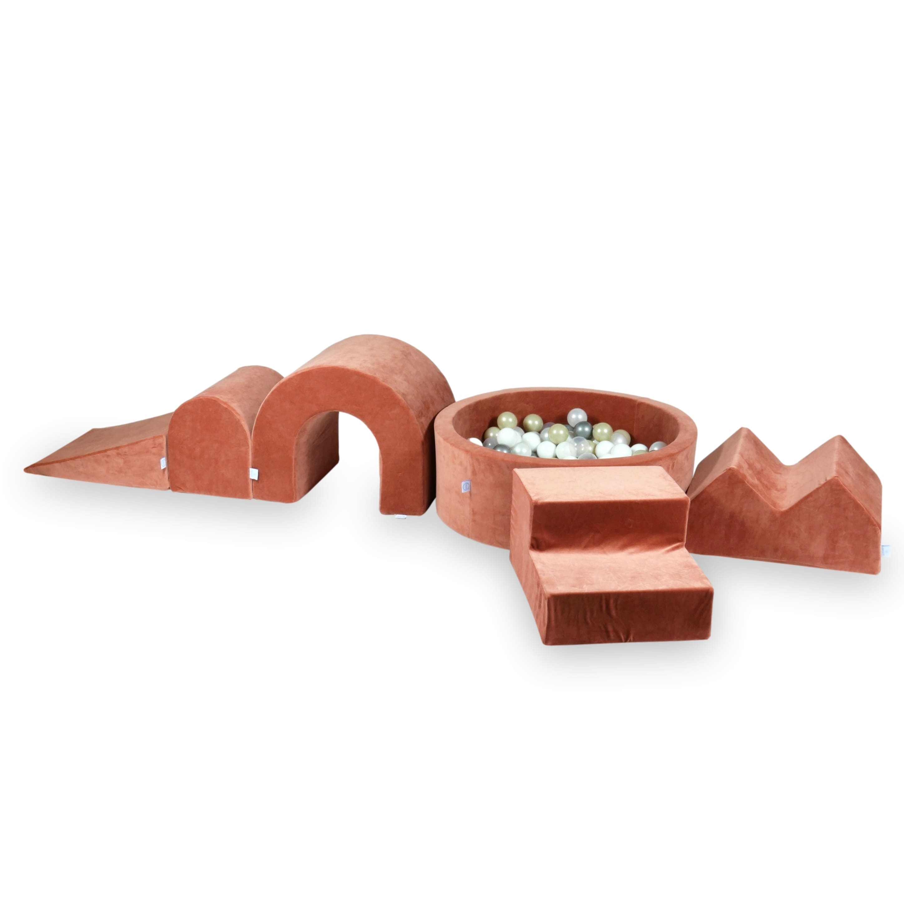 Schaumstoffspielbereich mit rundem 90x30 Velvet Soft Canyon Clay Pool + 5 Elementen + 200 Bällen (transparent, beige, gold)