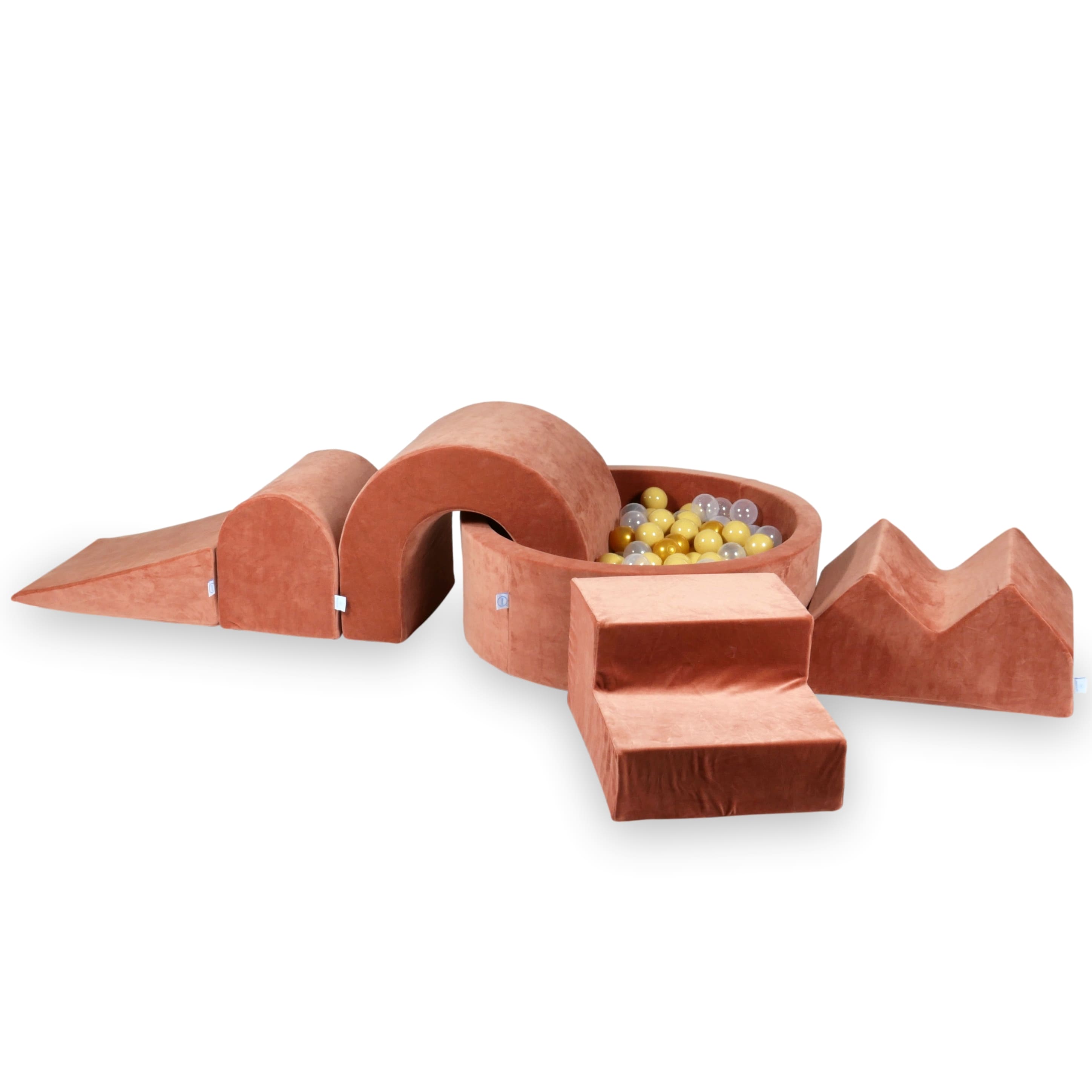 Schaumstoffspielbereich mit rundem 90x30 Velvet Soft Canyon Clay Pool + 5 Elementen + 200 Bällen (transparent, beige, gold)
