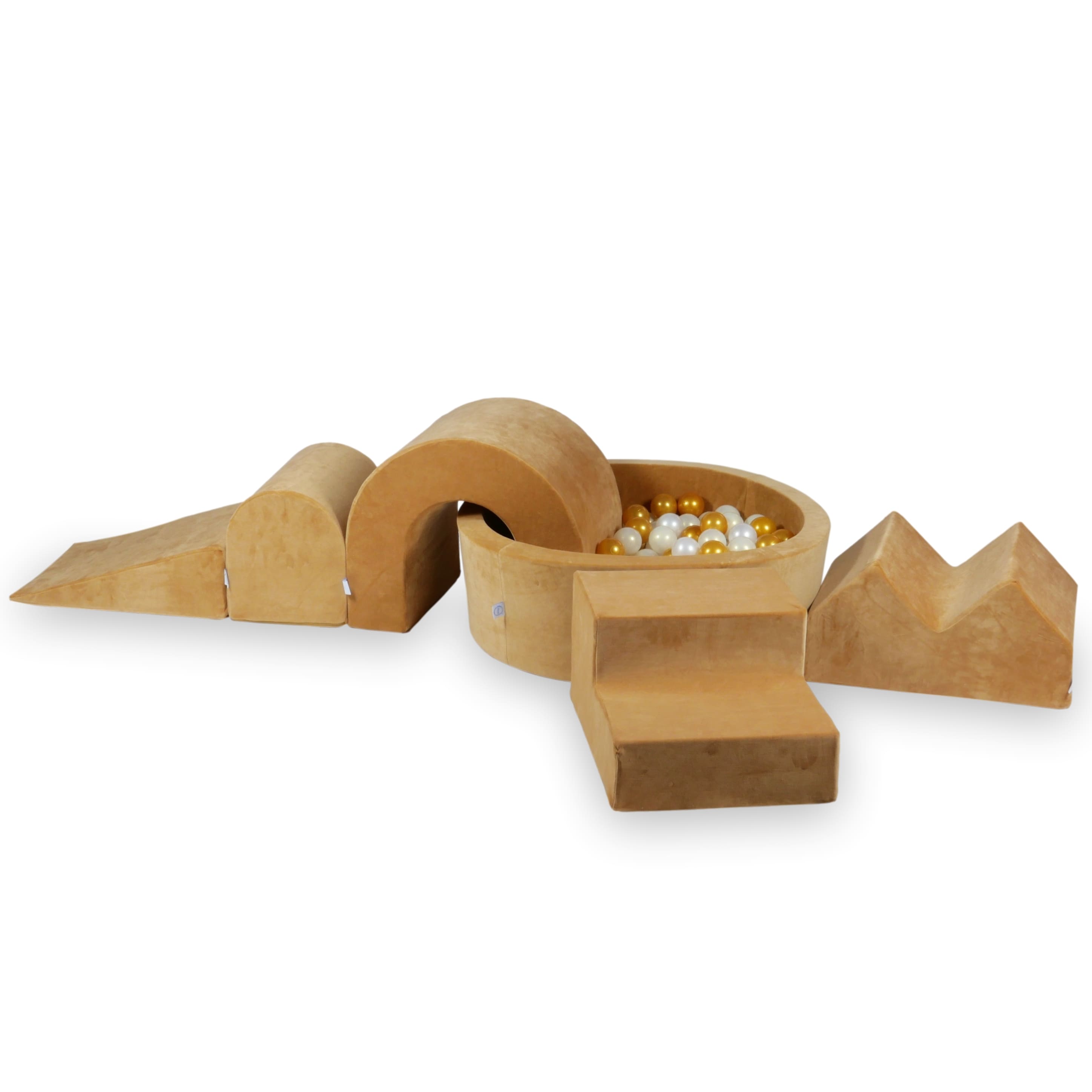 Schaumstoff-Spielbereich mit rundem Pool 90x30 Velvet Soft Carmel + 5 Elemente + 200 Bälle (transparent, weiß, perlmuttfarben, grau, hellgold)