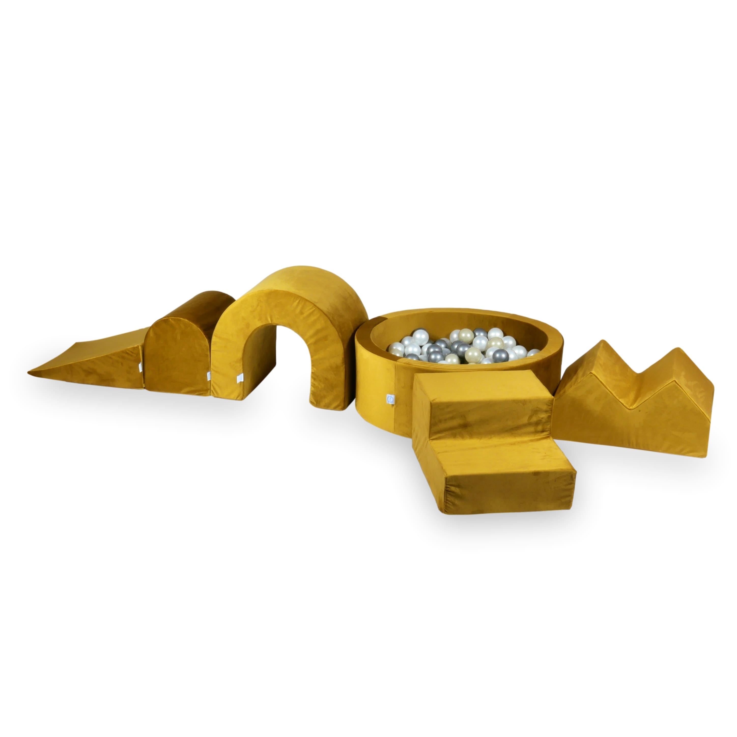 Schaumstoffspielbereich mit Hügel und Mikro-Samt-Goldpool + 100 Bälle (hellgold, perlmuttfarben, silber, transparent)