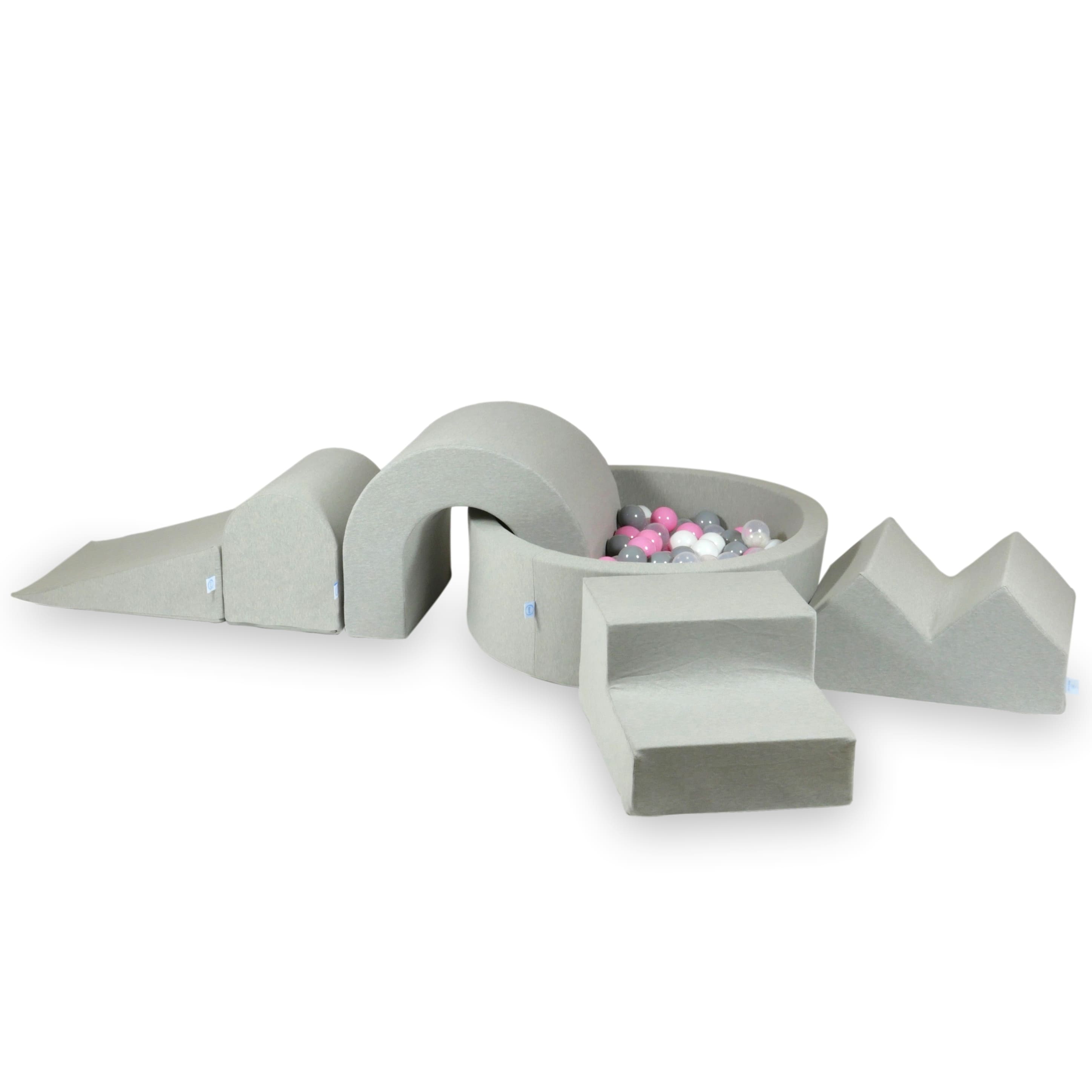 Schaumstoffspielbereich mit rundem Pool 90x30 Hellgrau + 5 Elemente + 200 Bälle (transparent, weiß, grau, puderrosa)