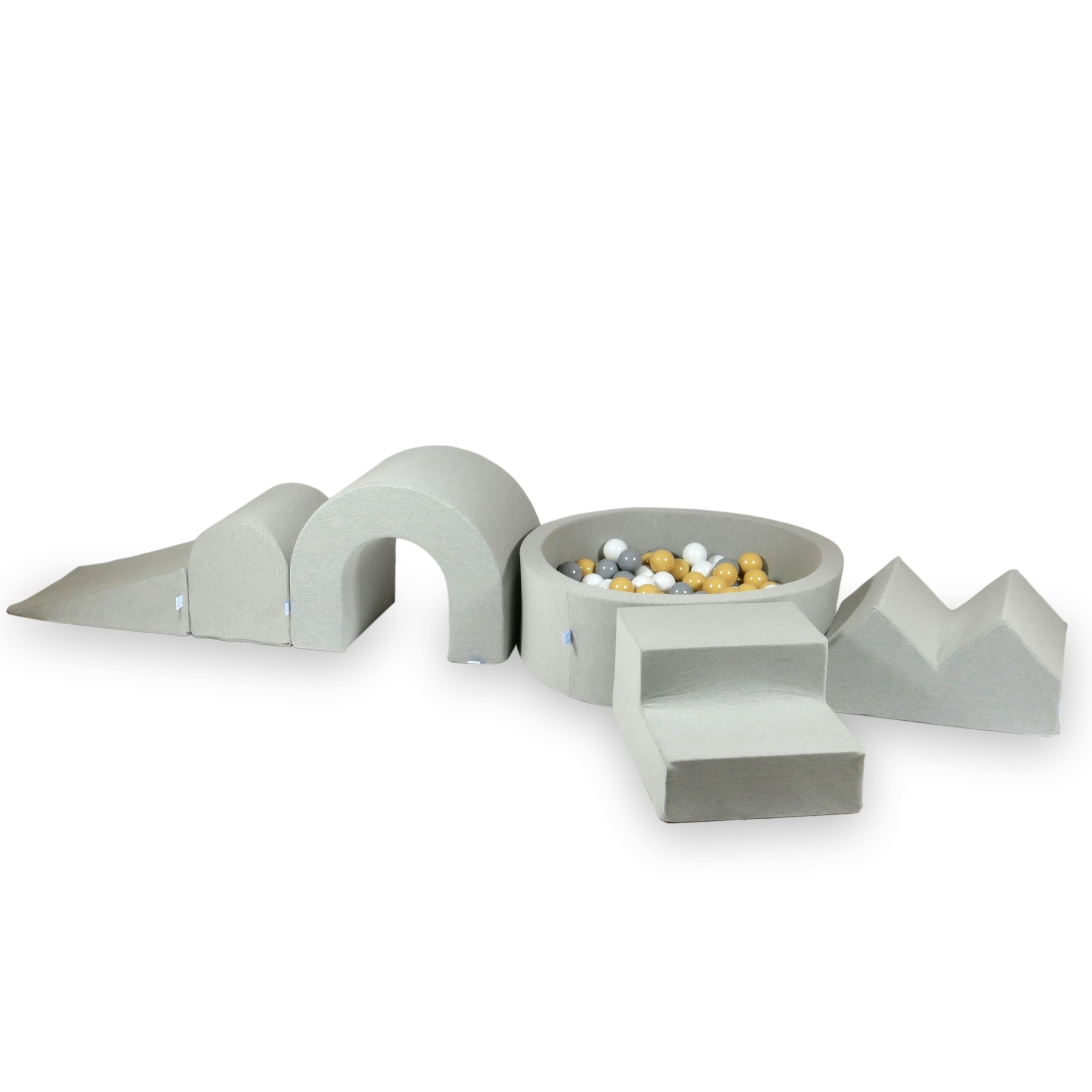 Schaumstoffspielbereich mit rundem Pool 90x30 Hellgrau + 5 Elemente + 200 Bälle (transparent, weiß, grau, puderrosa)