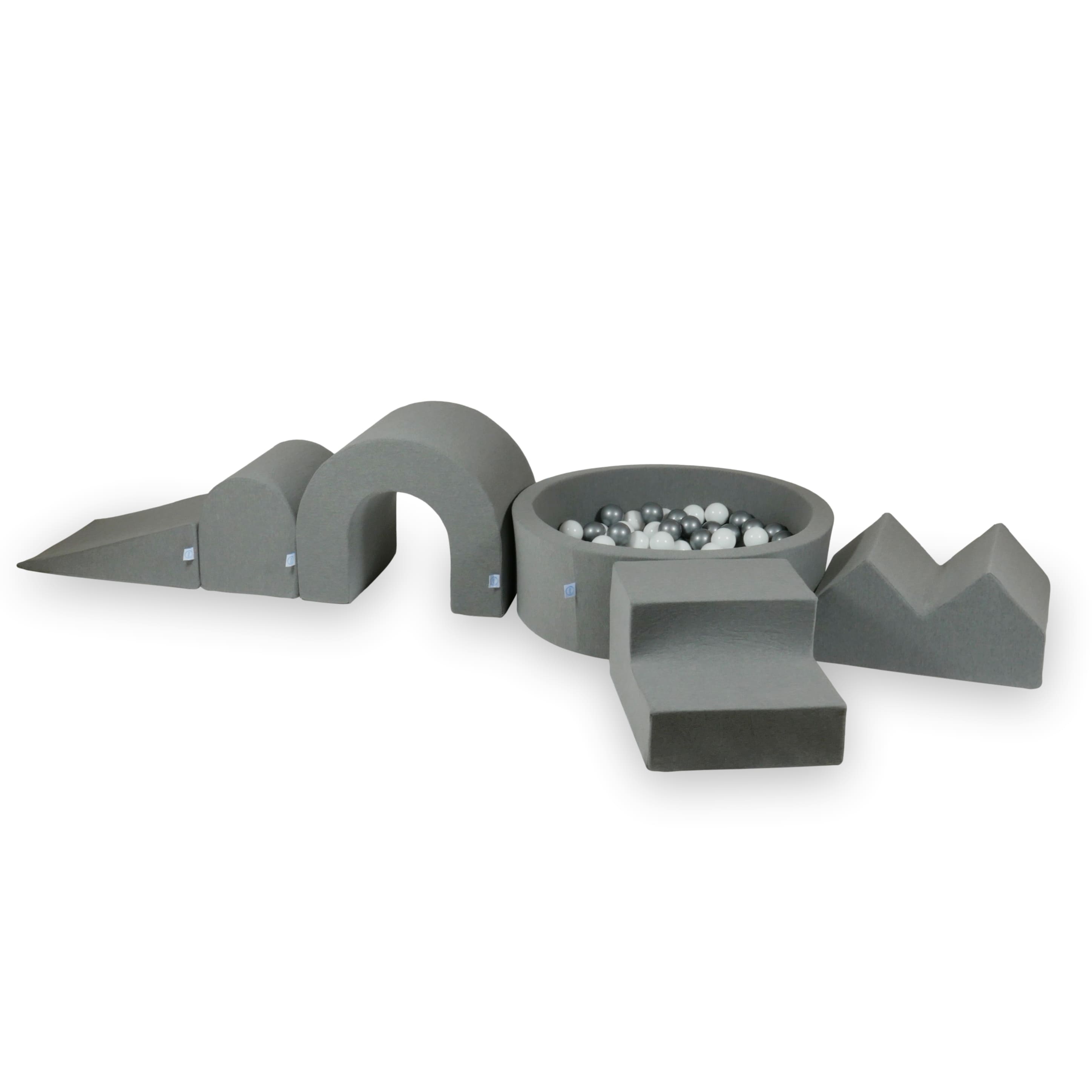 Schaumstoffspielbereich mit Hügel und kleinem grauen Pool + 100 Bälle (metallic türkis, türkis, grau, weiß)