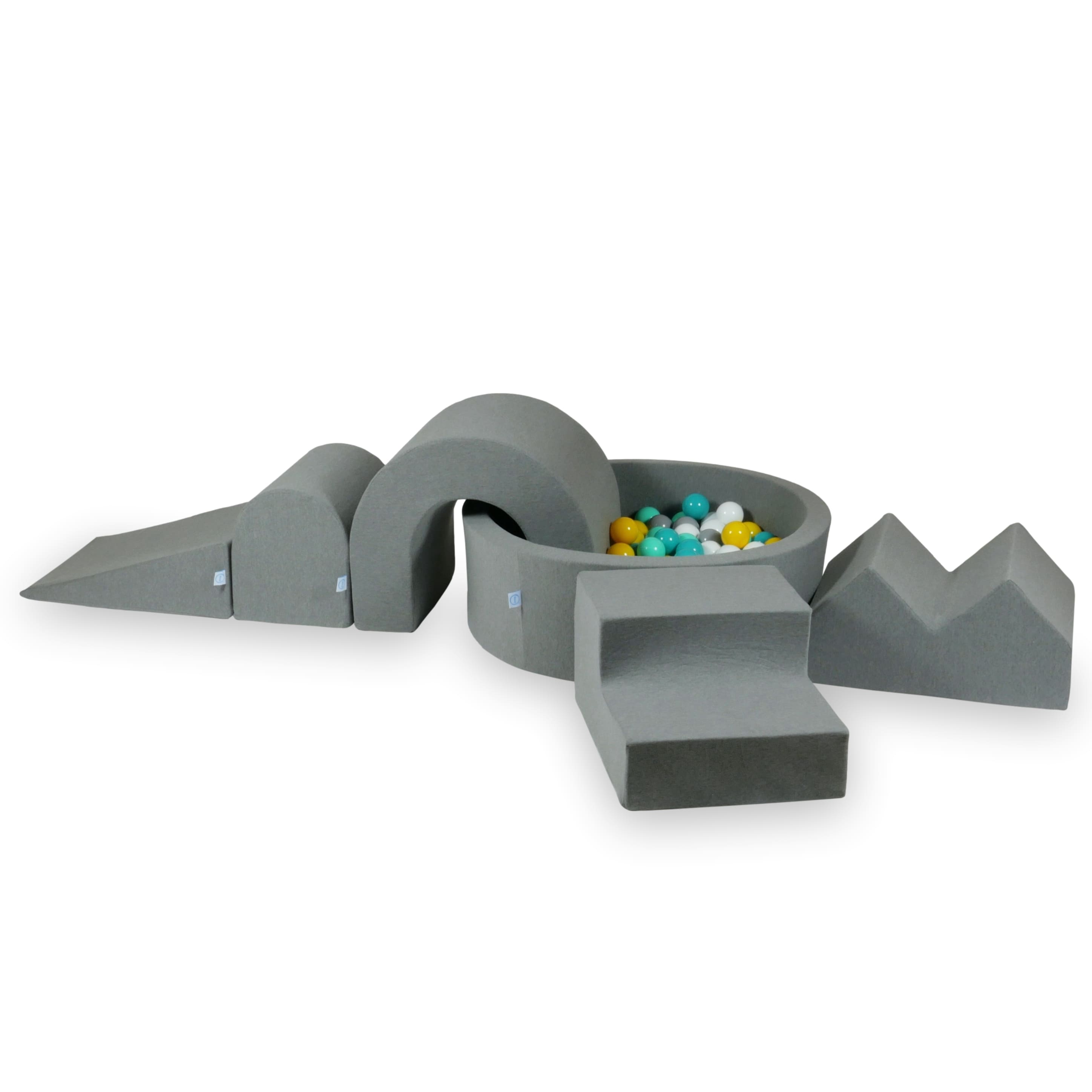 Schaumstoffspielbereich mit Hügel und kleinem grauen Pool + 100 Bälle (metallic türkis, türkis, grau, weiß)