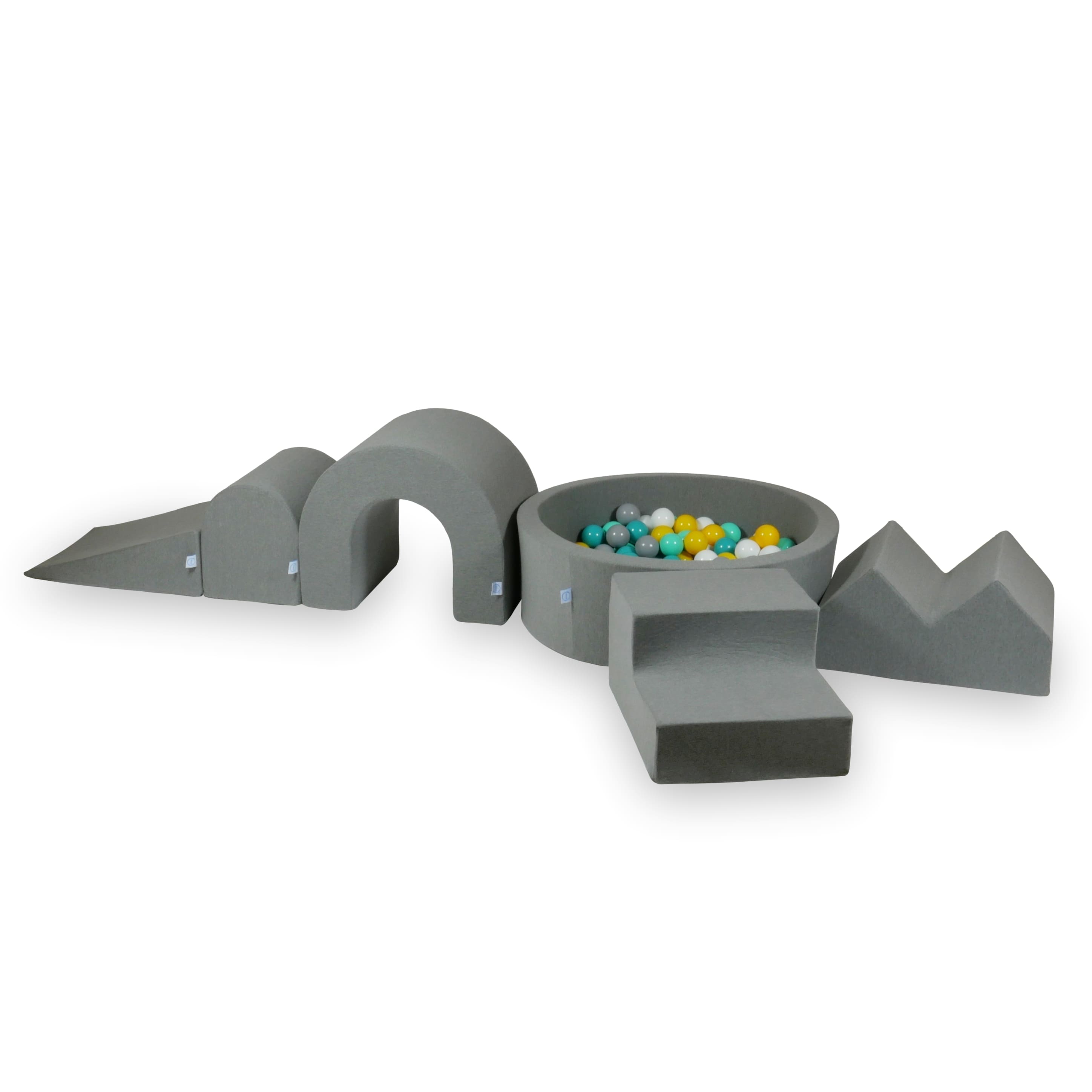 Schaumstoffspielbereich mit Hügel und kleinem grauen Pool + 100 Bälle (metallic türkis, türkis, grau, weiß)