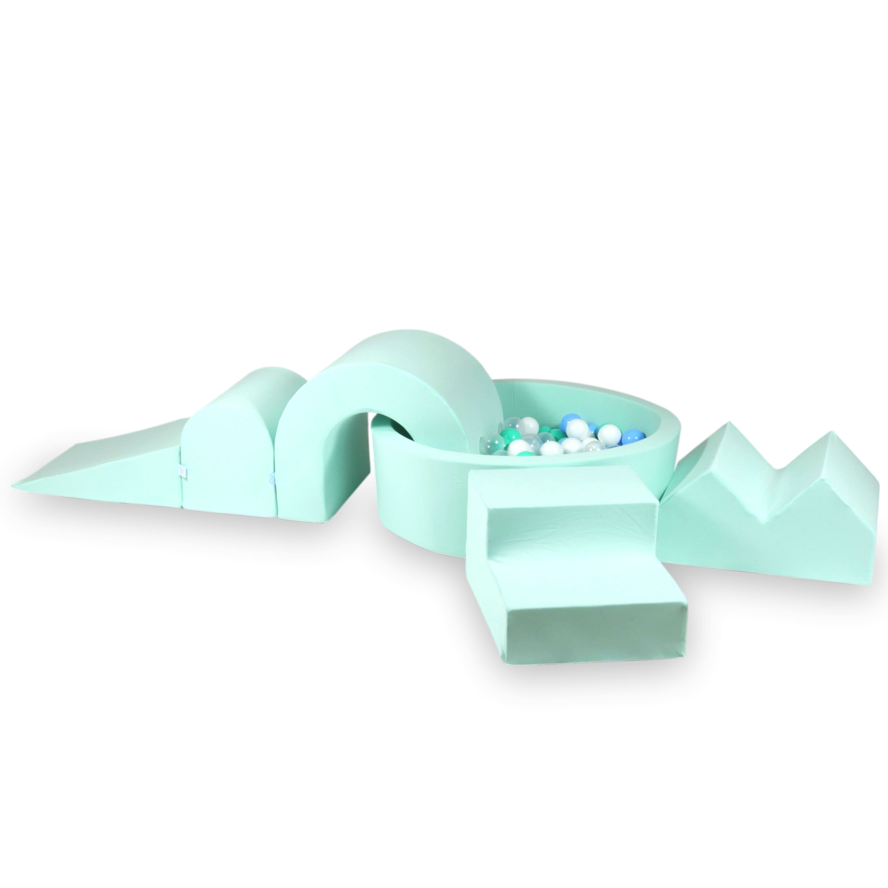 Schaumstoffspielbereich mit rundem 90x30-Pool in Mintgrün + 5 Elementen + 200 Bällen (transparent, weiß, hellrosa, mintgrün, beige)