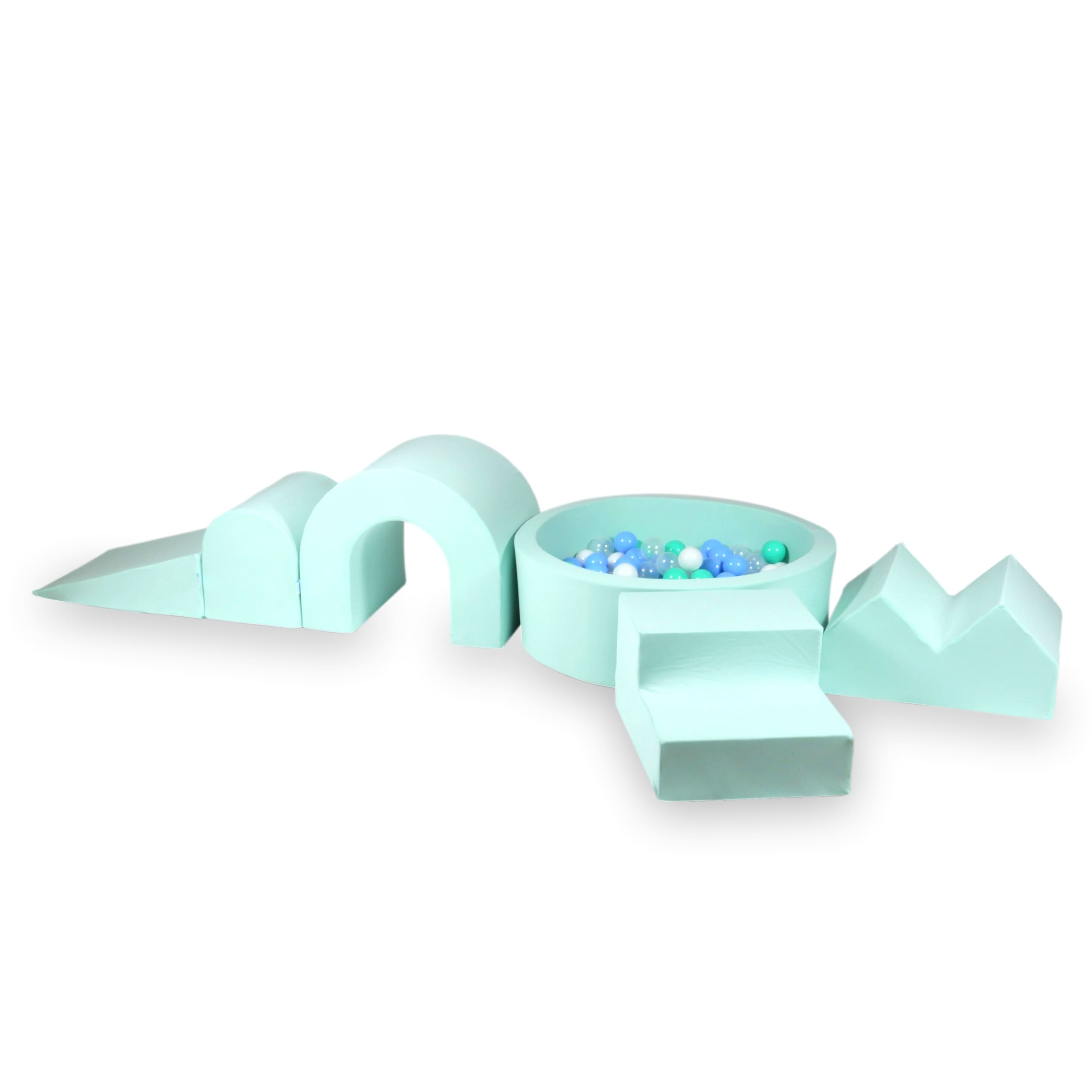 Schaumstoffspielbereich mit rundem 90x30-Pool in Mintgrün + 5 Elementen + 200 Bällen (transparent, weiß, hellrosa, mintgrün, beige)