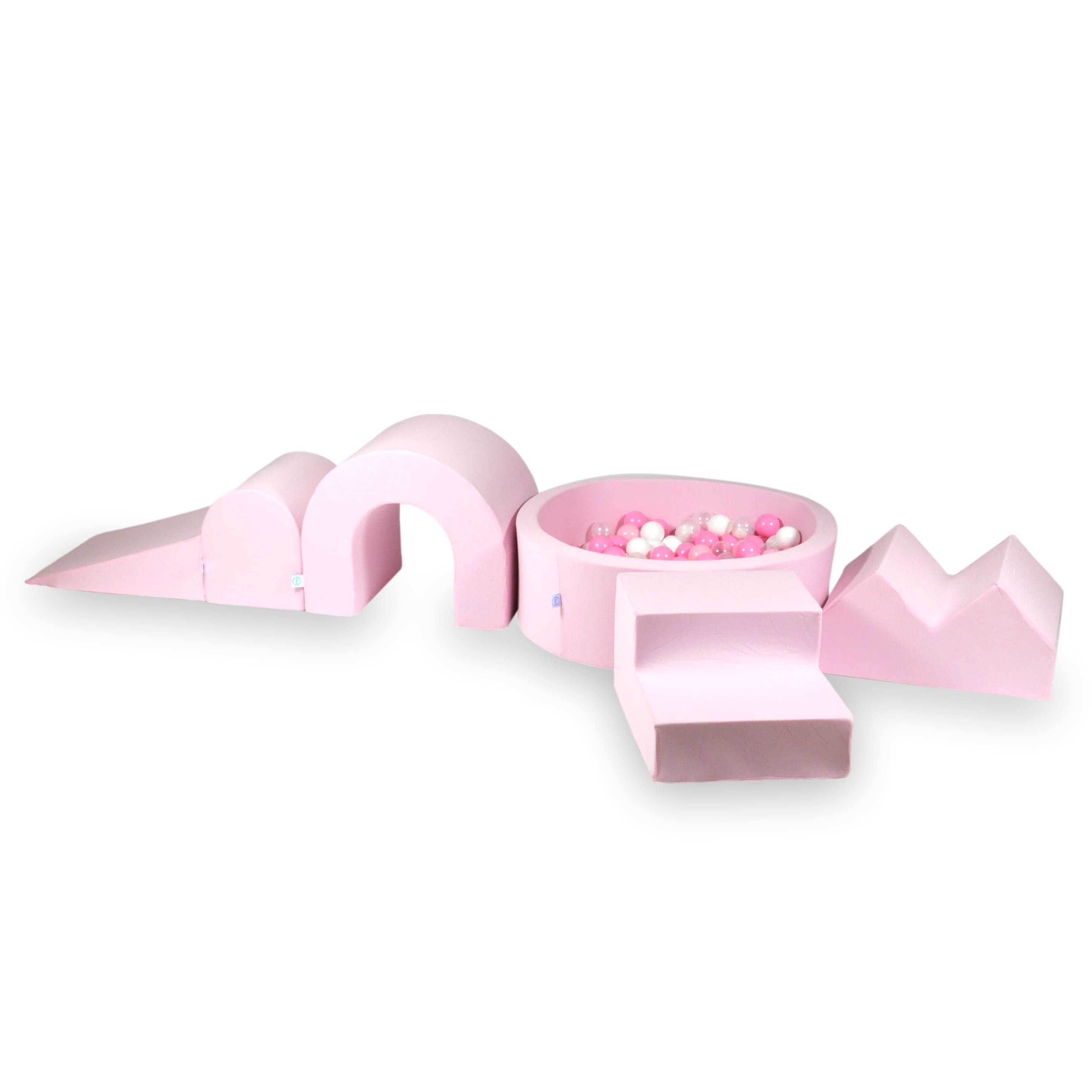 Schaumstoffspielbereich mit rundem 90x30cm Pool in Puderrosa + 5 Elementen + 200 Bällen (Perlmutt, Grau, Hellrosa)