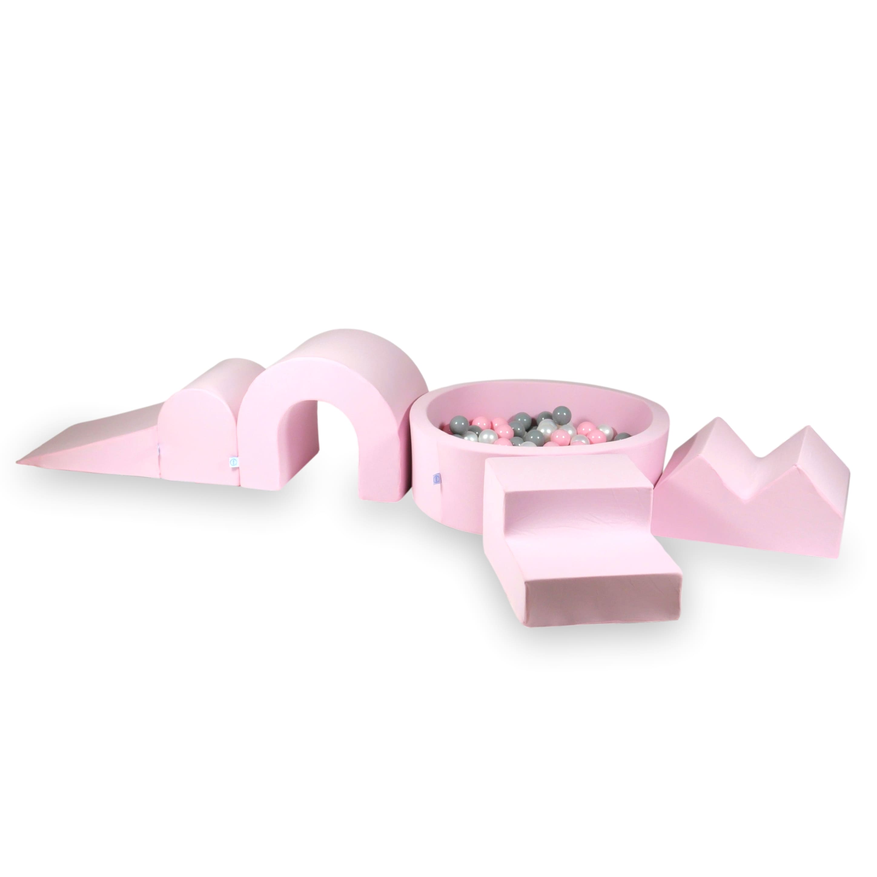 Schaumstoffspielbereich mit rundem 90x30cm Pool in Puderrosa + 5 Elementen + 200 Bällen (Perlmutt, Grau, Hellrosa)