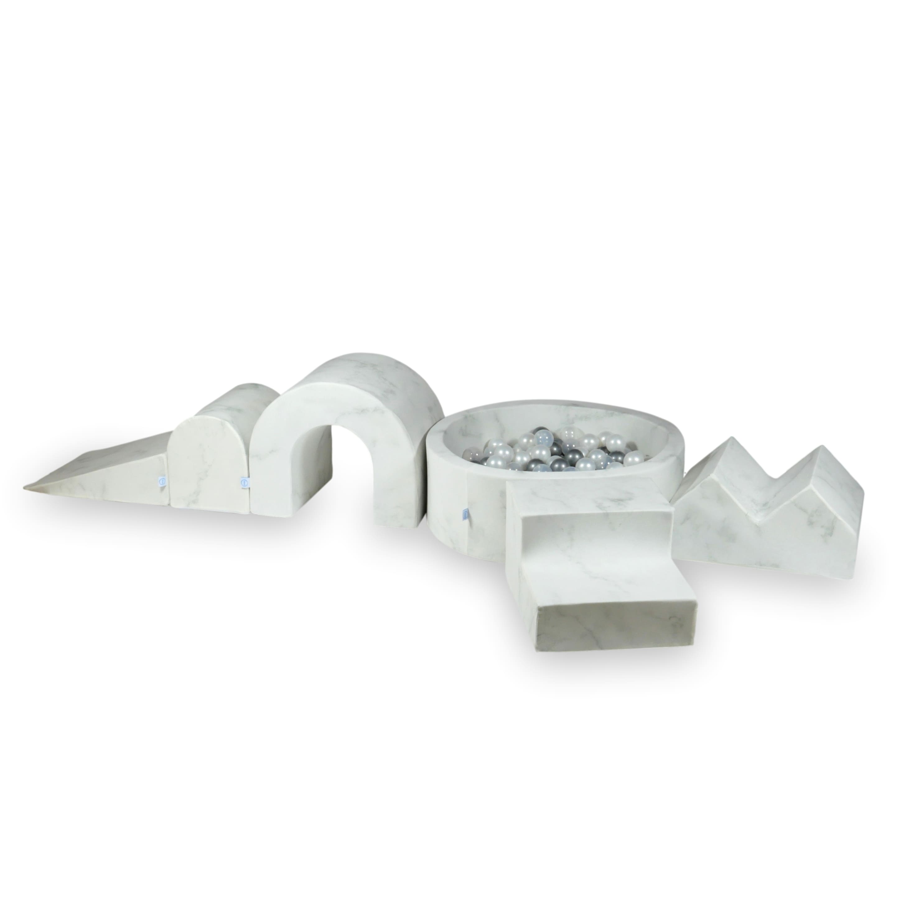Schaumstoffspielbereich mit rundem 90x30 Marmorbecken + 5 Elementen + 200 Bällen (Perlmutt, Silber, Hellgold)