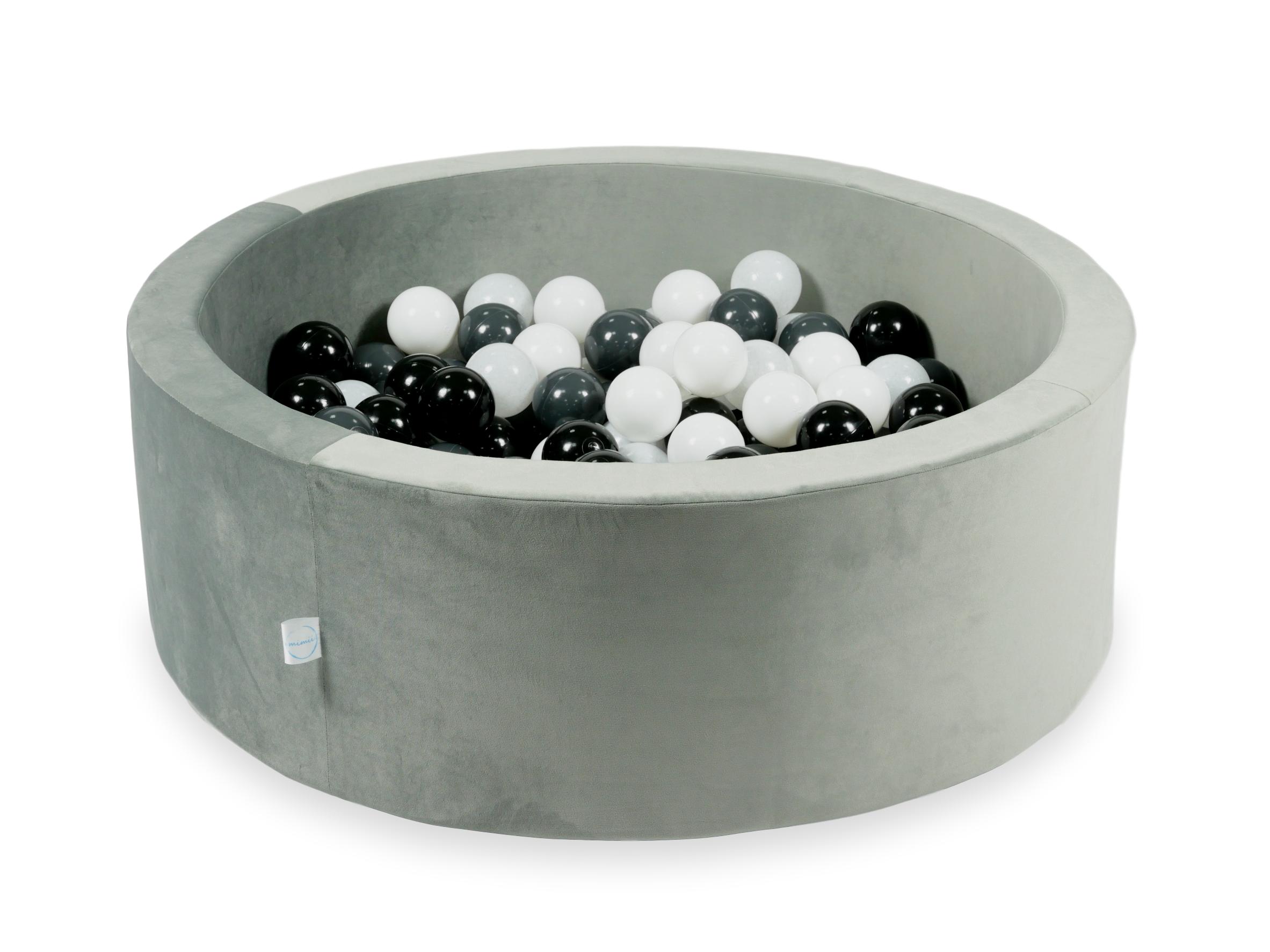 Schaumstoffspielbereich mit Hügel und Pool, grauer Mikrosamt + 100 Bälle (silber, perlmutt, roségold)