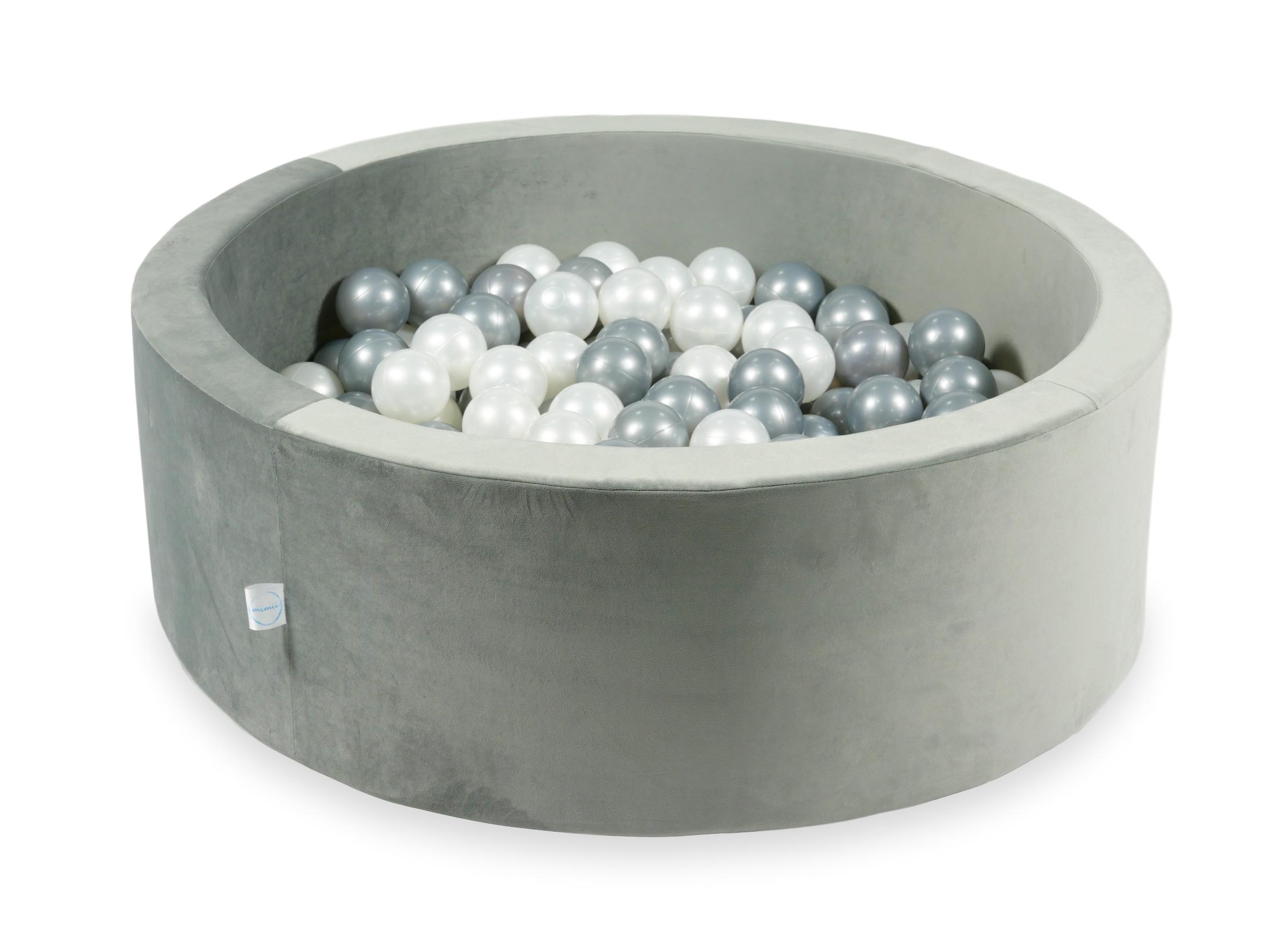 Schaumstoffspielbereich mit Hügel und Pool, grauer Mikrosamt + 100 Bälle (silber, perlmutt, roségold)
