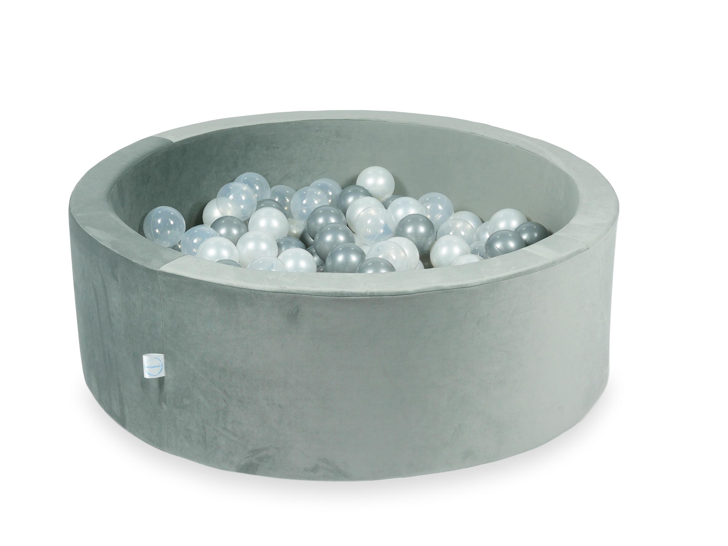 Schaumstoffspielbereich mit Hügel und Pool, grauer Mikrosamt + 100 Bälle (silber, perlmutt, roségold)