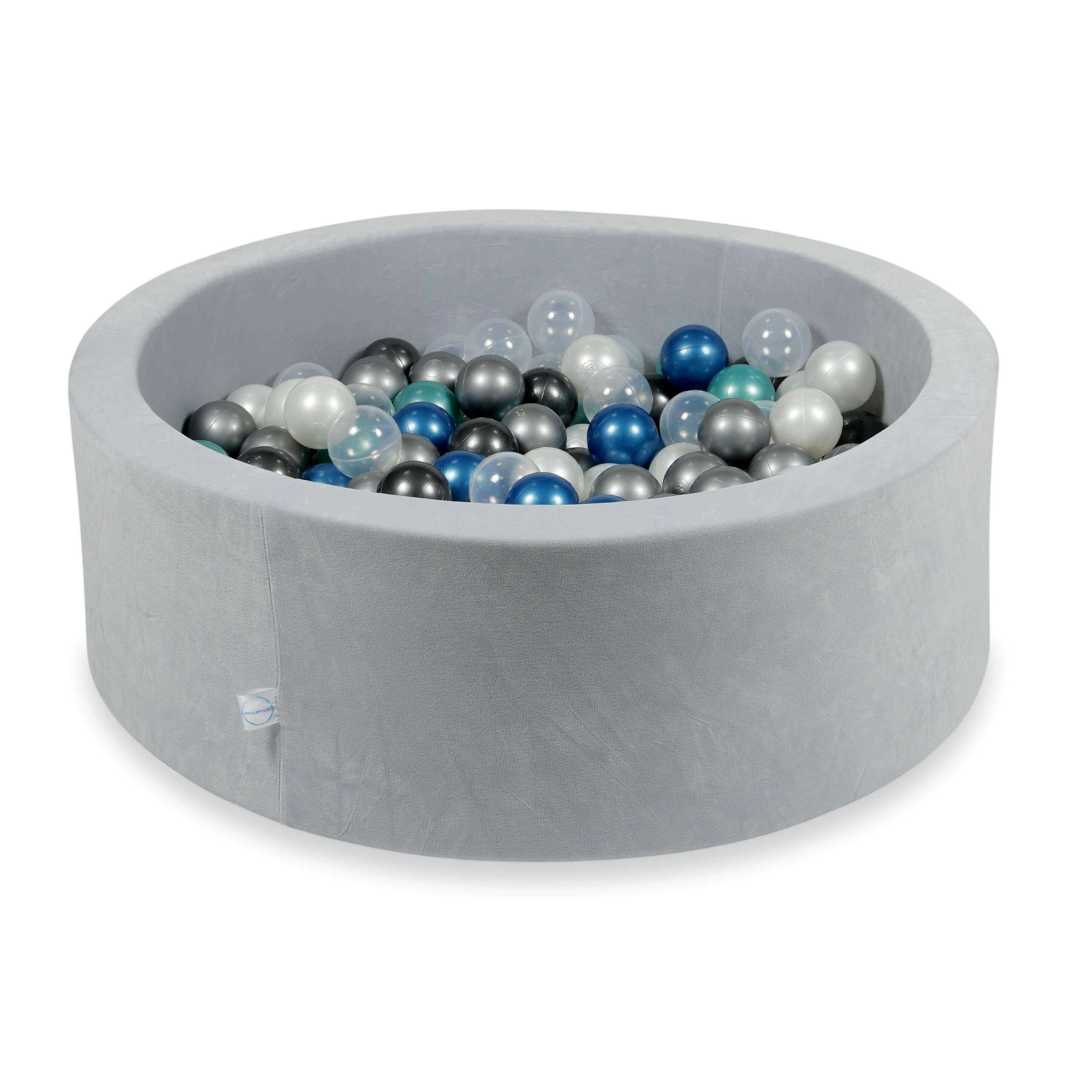 Schaumstoffspielbereich mit Hügel und Pool, hellgrauer, mikro-veloursweicher Stoff + 100 Bälle (hellblau, gelb, meliert, puderrosa, weiß)