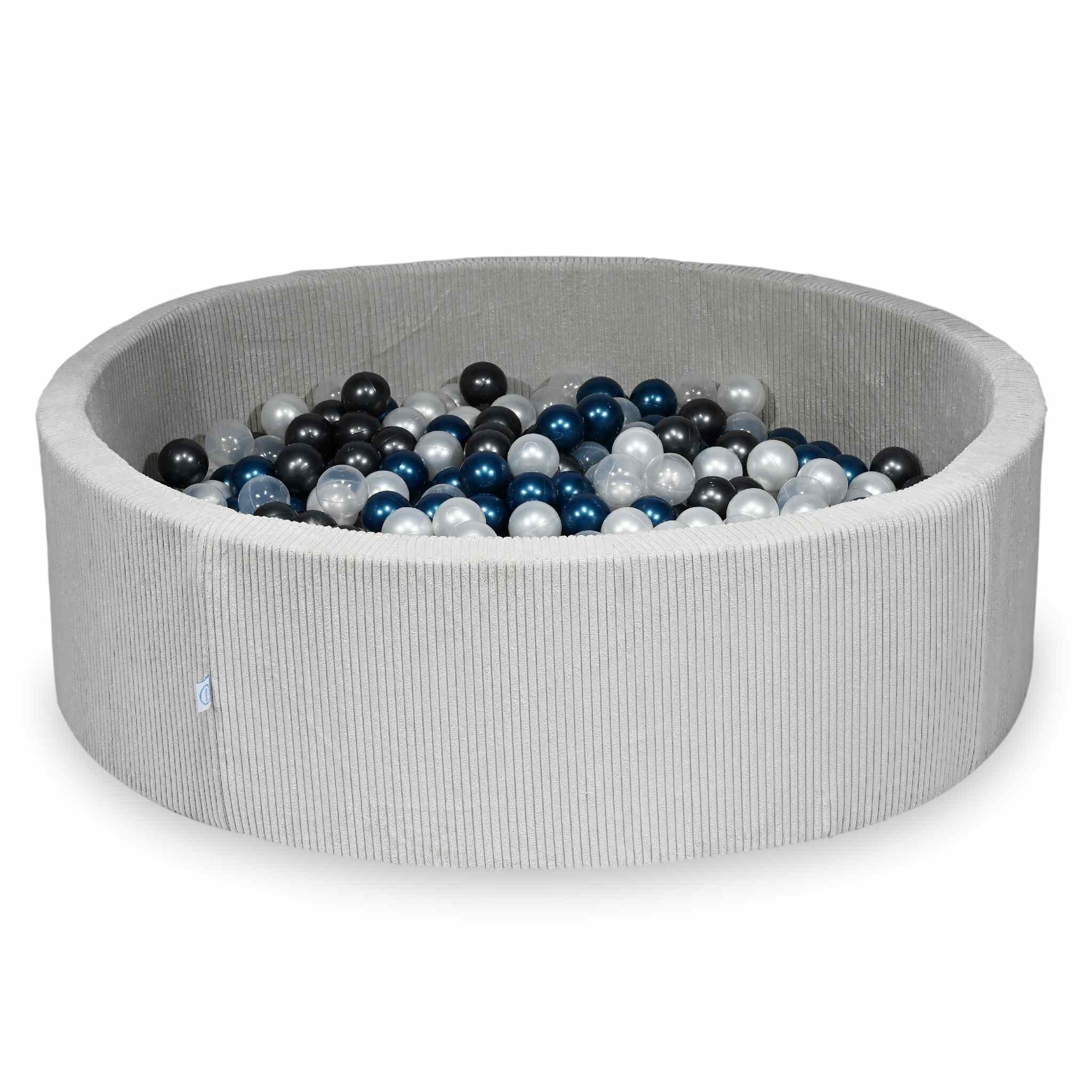 Rundes Bällebad aus grauem Cord, 130 x 40 cm – 700 Bälle (transparent, perlmuttfarben, metallisch-graphitfarben, metallisch-blau)