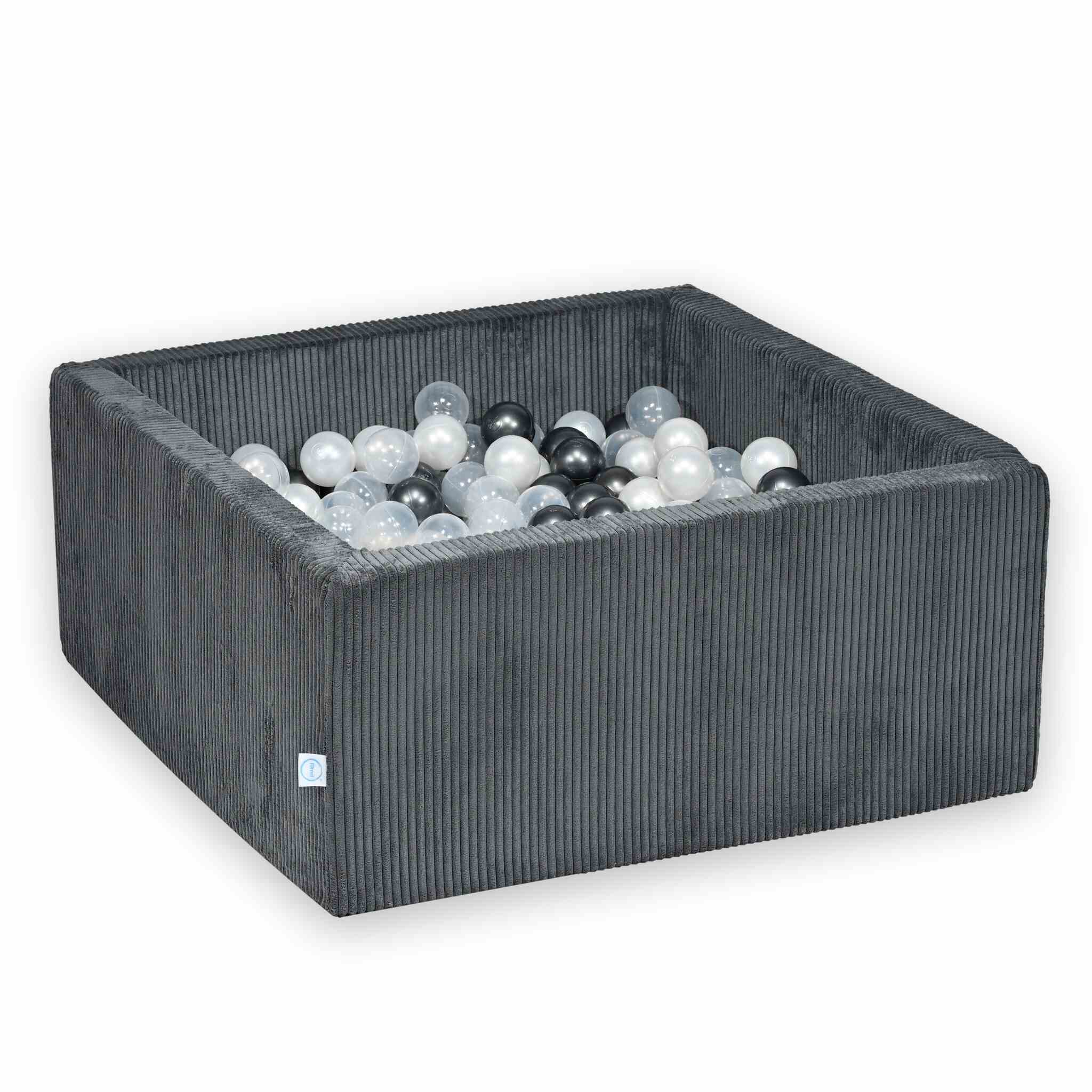 Quadratisches Bällebad aus graphitfarbenem Cord, 90x90x40cm – 400 Bälle (transparent, perlmuttfarben, metallisch-graphitfarben)
