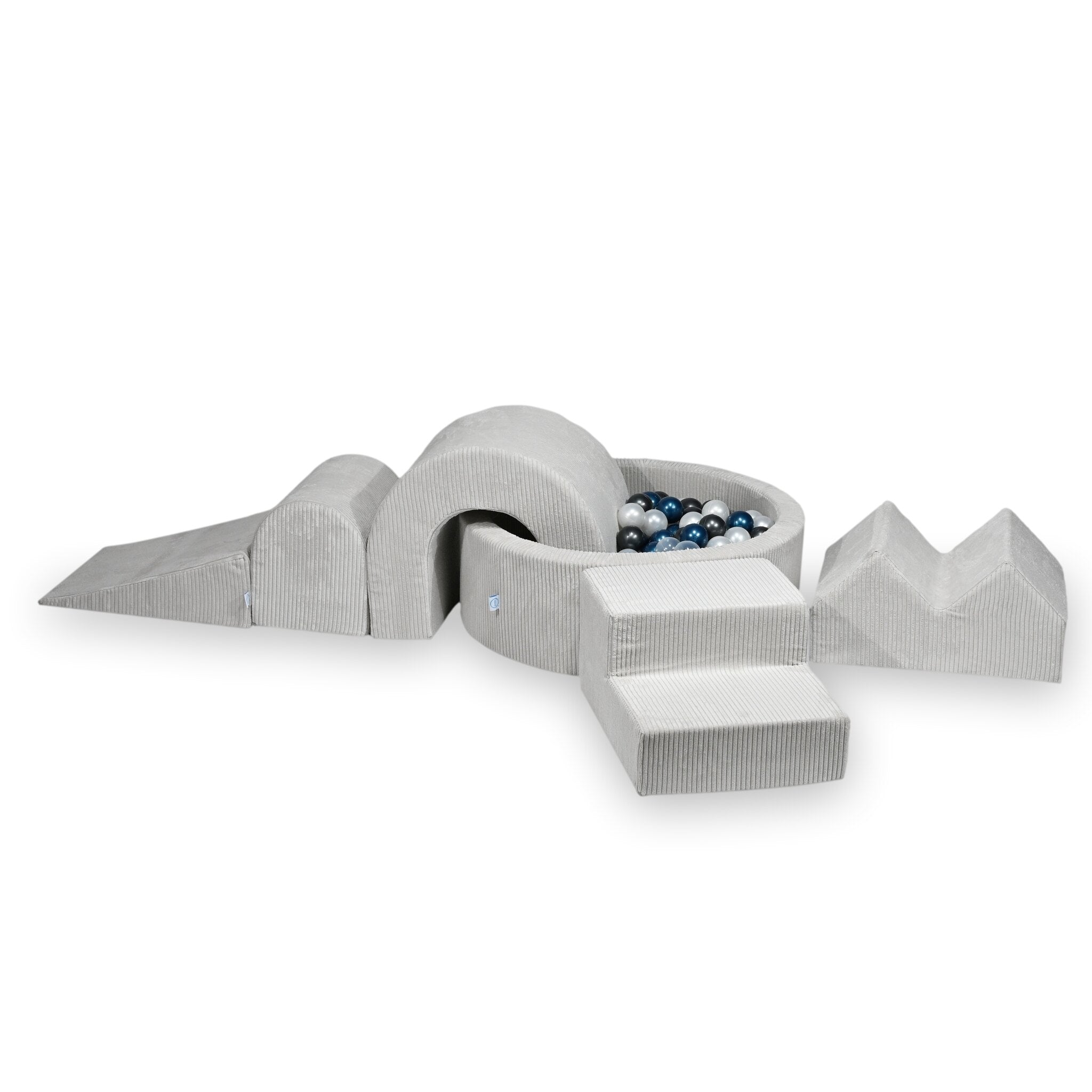 Schaumstoffspielbereich mit rundem, grauem, geripptem Pool (90 x 30 cm) + 5 Elementen + 200 Bällen