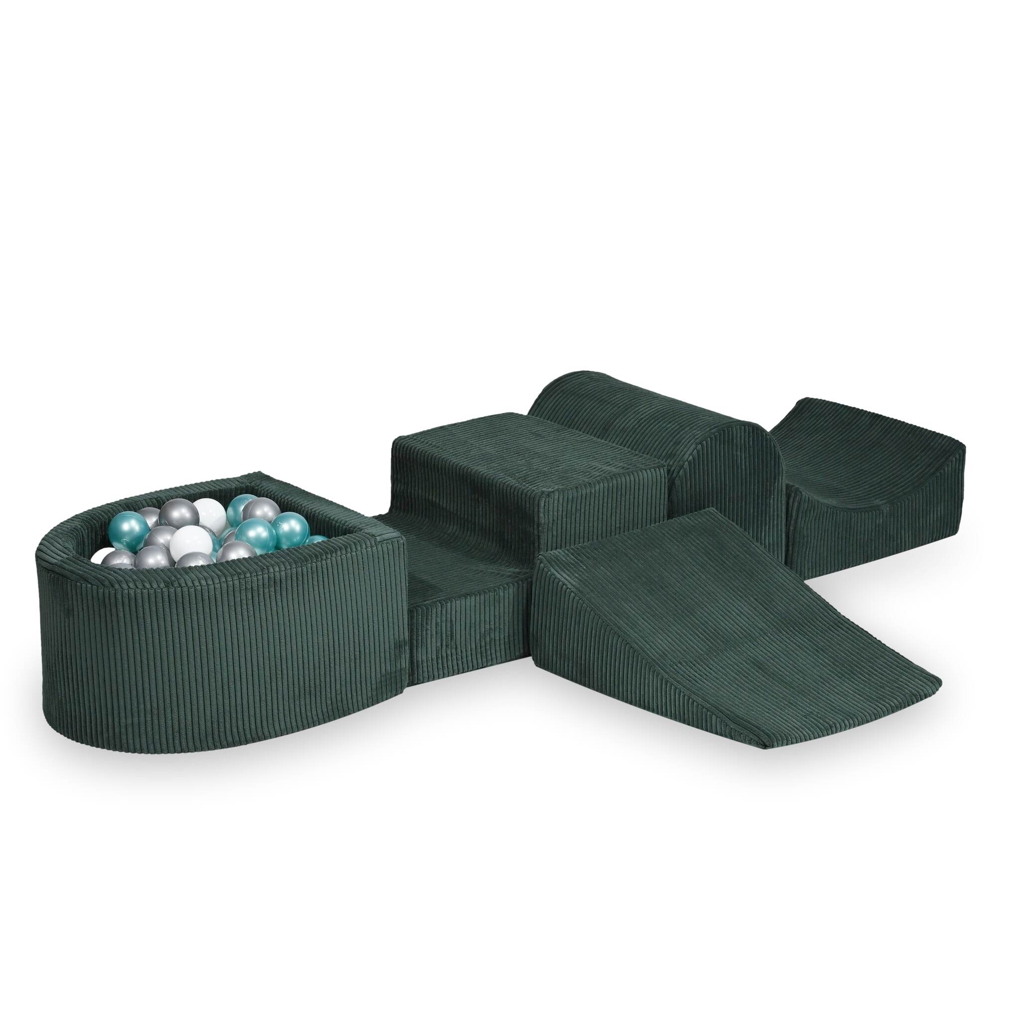 Aire de jeux en mousse avec colline et piscine micro côtelé vert + 100 balles