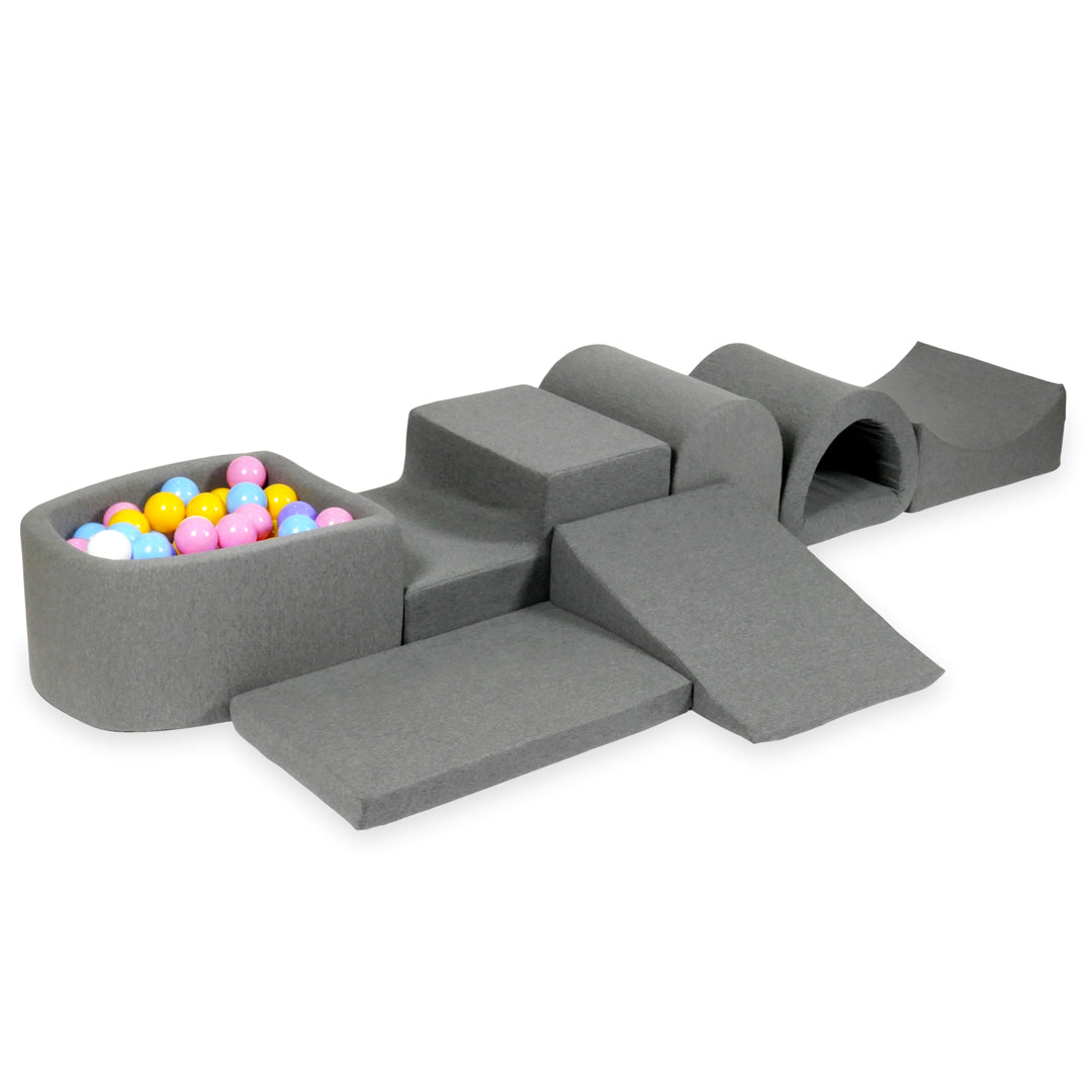 Schaumstoffspielbereich mit Hügel und kleinem grauen Pool + 100 Bälle (hellblau, gelb, meliert, puderrosa, weiß)