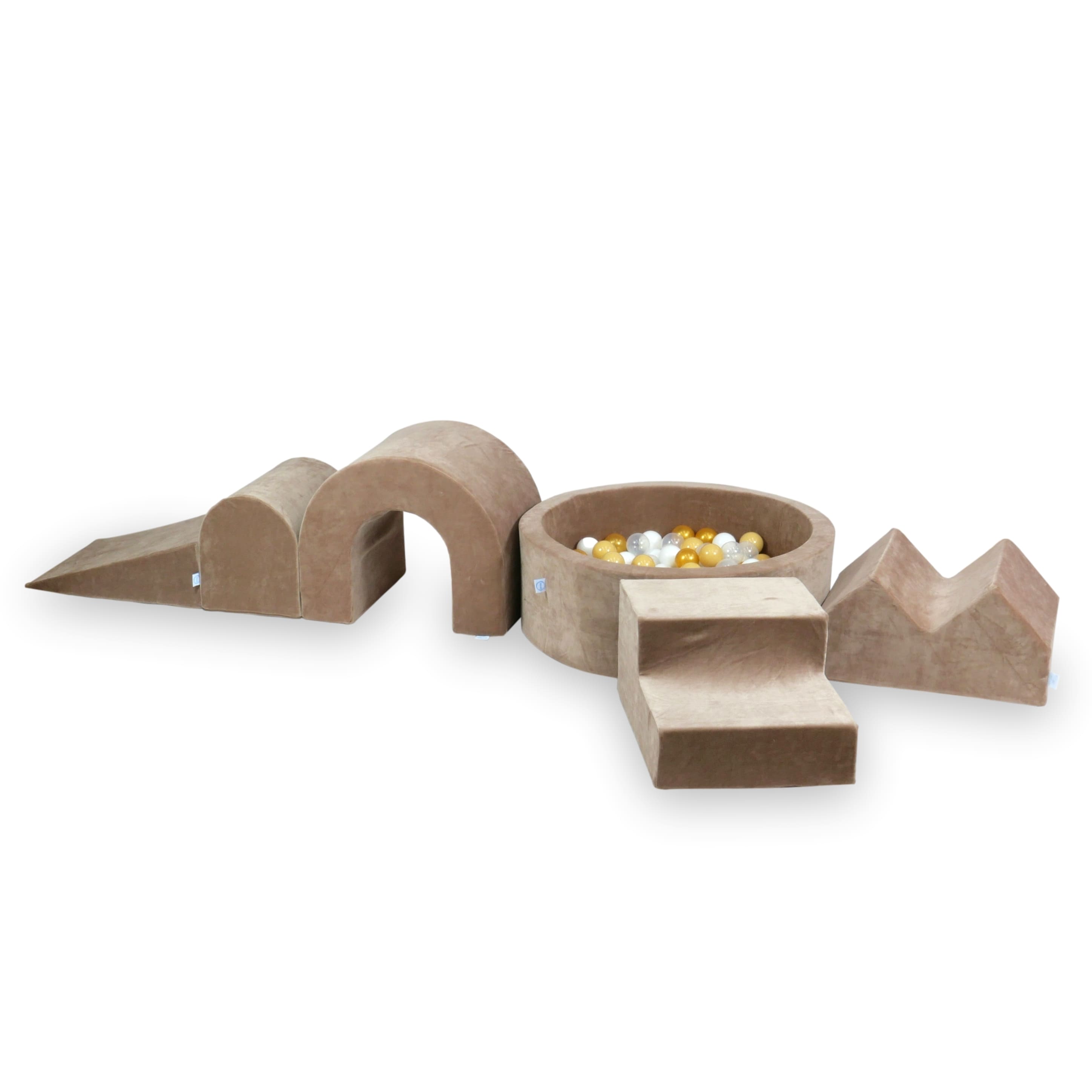 Schaumstoffspielbereich mit rundem, samtweichem, braunem Pool (90 x 30 cm) + 5 Elementen + 200 Bällen