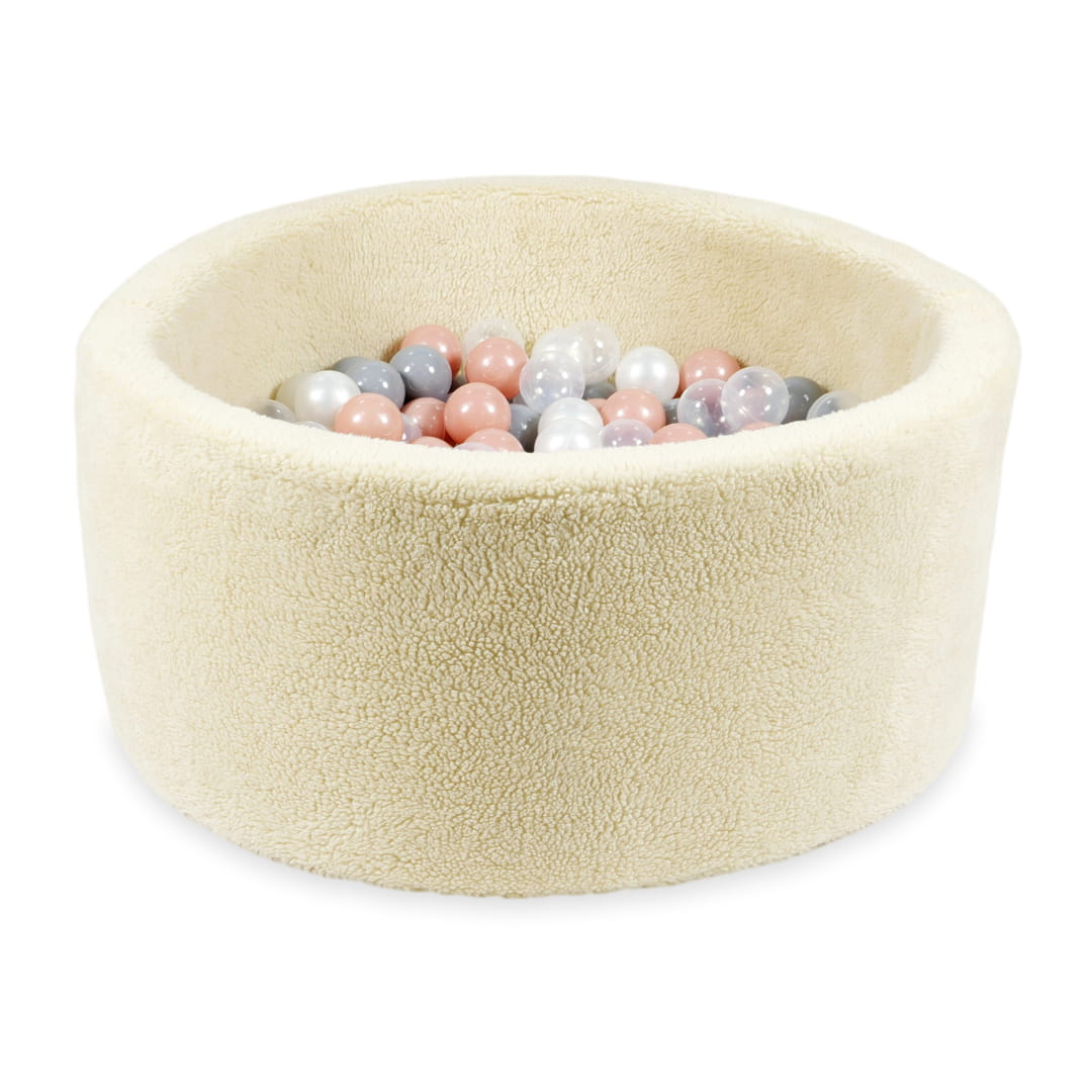 Teddy-beige Bällebad 90x40 mit 300 Bällen (transparent, perlmuttfarben, grau, roségolden)