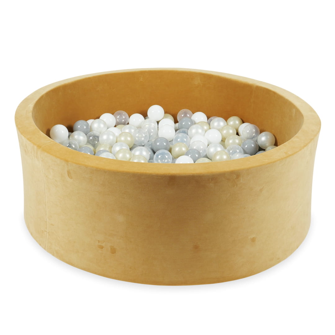 Mimii-Piscine-à Balles-110x40-Velvet-Soft-Carmel-avec-boules-500-pcs-transparent-blanc-perle-gris-or-clair