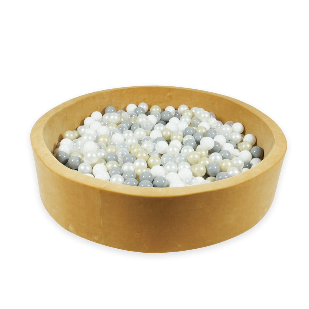 Mimii-Piscine-à Balles-130x30-Velvet-Soft-Carmel-avec-boules-600-pcs-transparent-blanc-perle-gris-or-clair