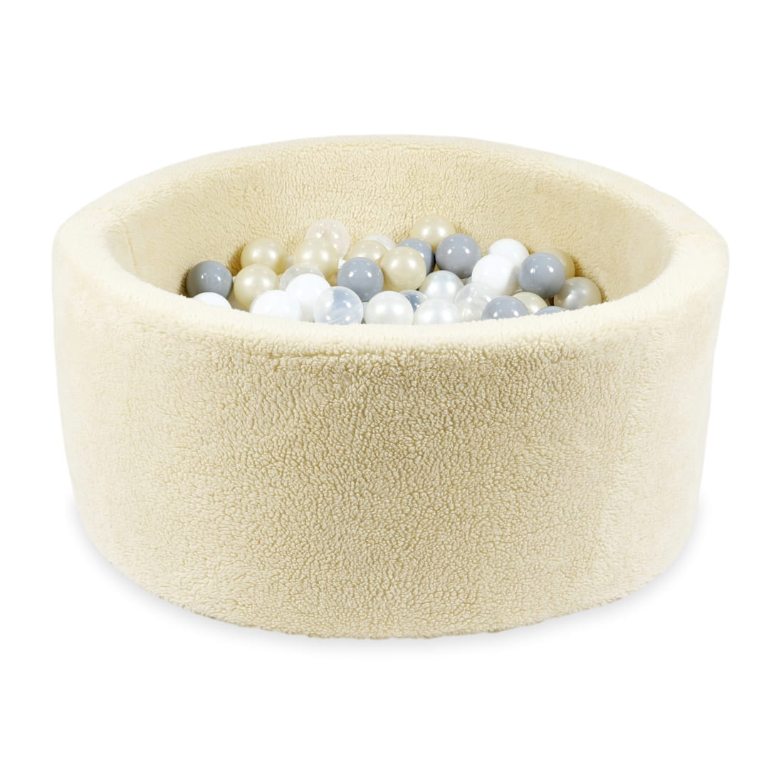 Teddy Beige 90x40 Bällebad mit 300 Bällen (transparent, weiß, perlmutt, grau, hellgold)