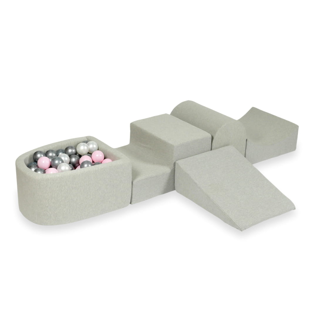 Schaumstoffspielbereich mit Hügel und hellgrauem Mini-Pool + 100 Bälle (Perlmutt, Silber, Hellrosa)