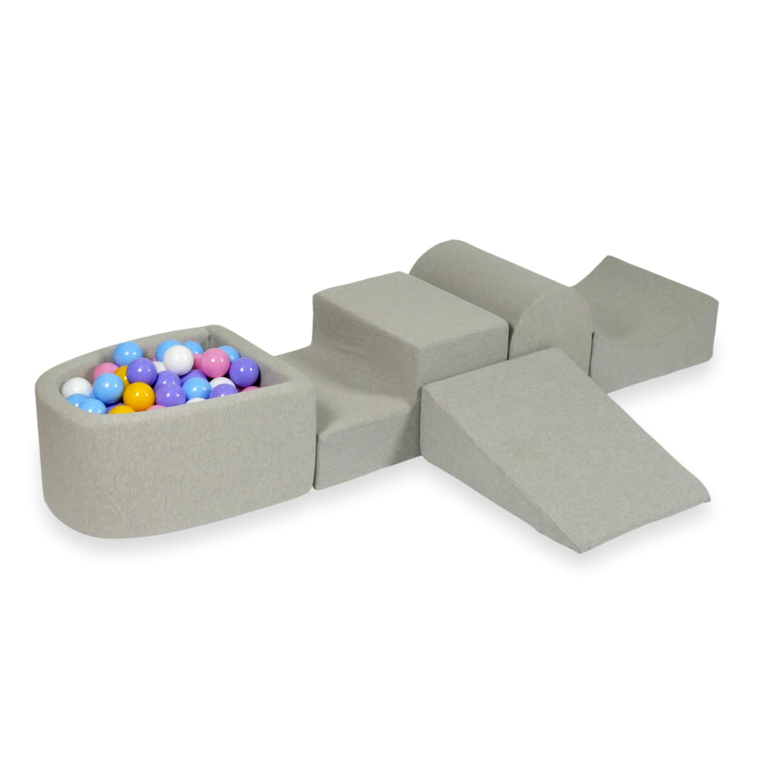 Schaumstoffspielbereich mit Hügel und hellgrauem Mini-Pool + 100 Bälle (hellblau, gelb, meliert, puderrosa, weiß) 