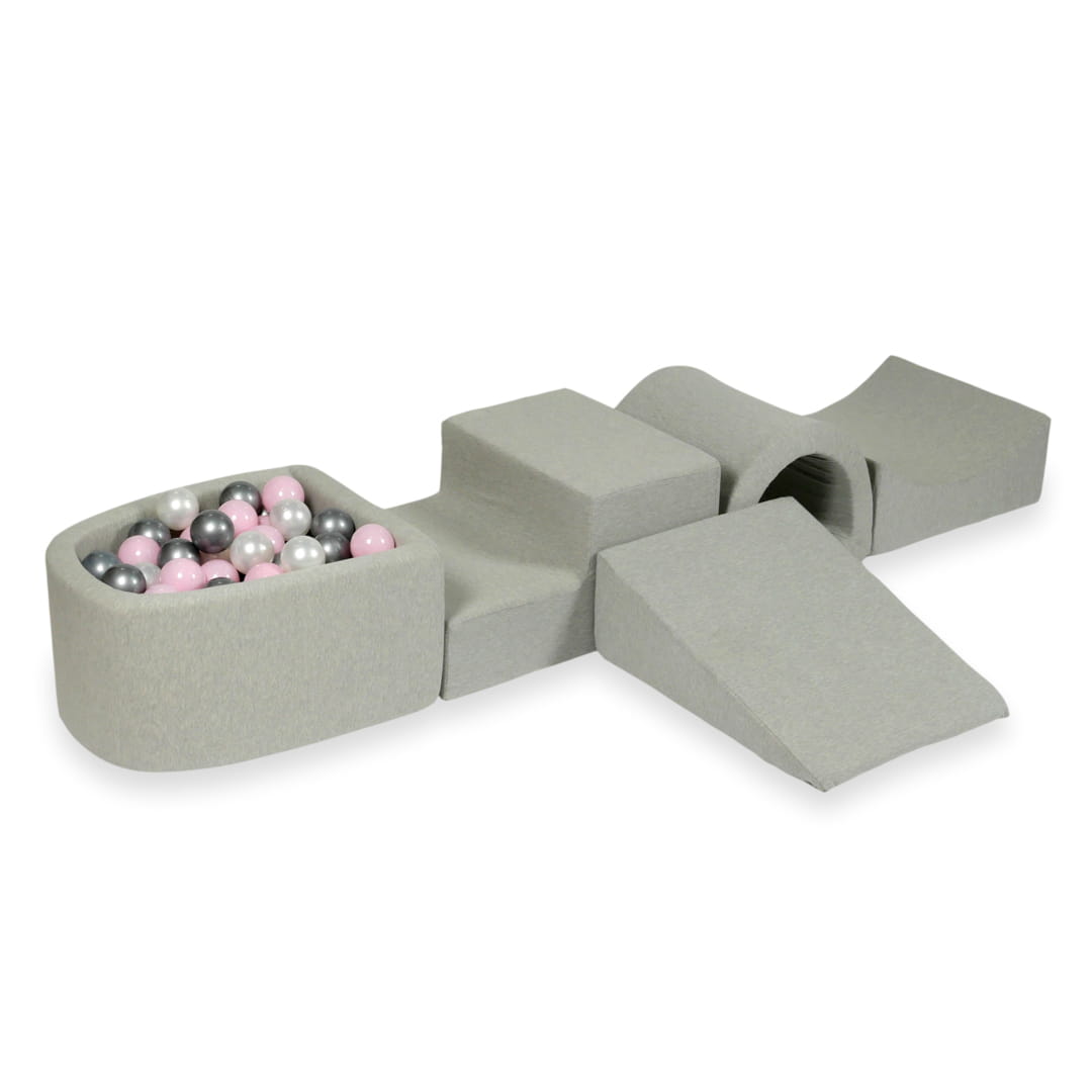 Schaumstoffspielbereich mit Brücke und hellgrauem Mini-Pool + 100 Bälle (Perlmutt, Silber, Hellrosa)