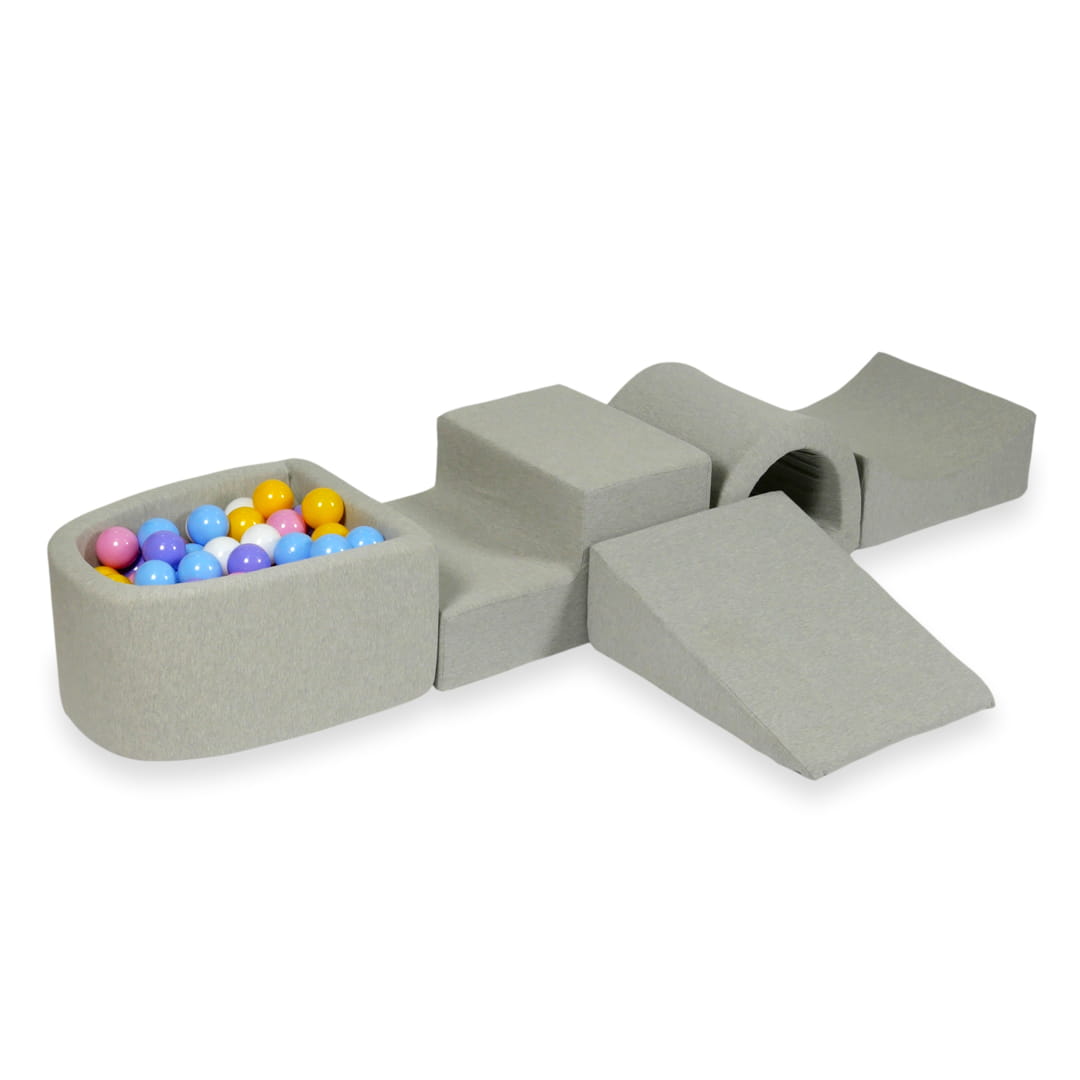 Schaumstoffspielbereich mit Brücke und hellgrauem Mini-Pool + 100 Bälle (hellblau, gelb, meliert, puderrosa, weiß)