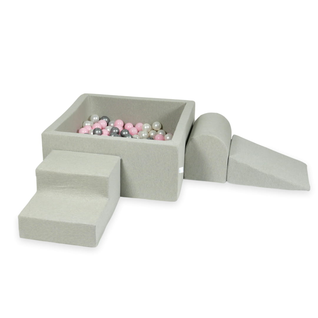 Schaumstoffspielbereich mit quadratischem Pool 90x90x40 hellgrau + 400 Bälle (Perlmutt, Silber, Hellrosa)