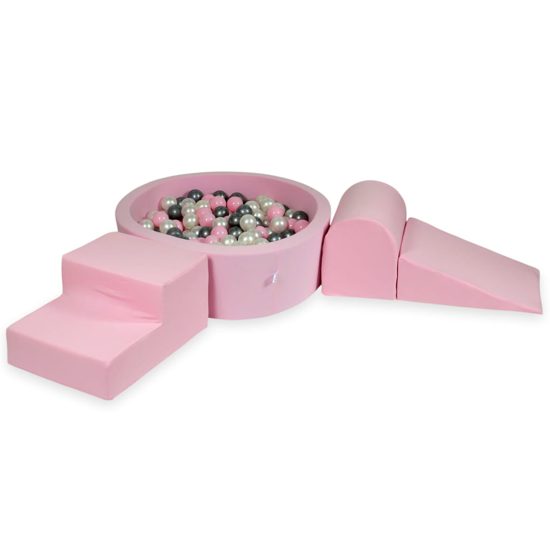 Schaumstoffspielbereich mit rundem, 90x30 cm großem, puderrosa Pool + 200 Bällen (Perlmutt, Silber, Hellrosa)