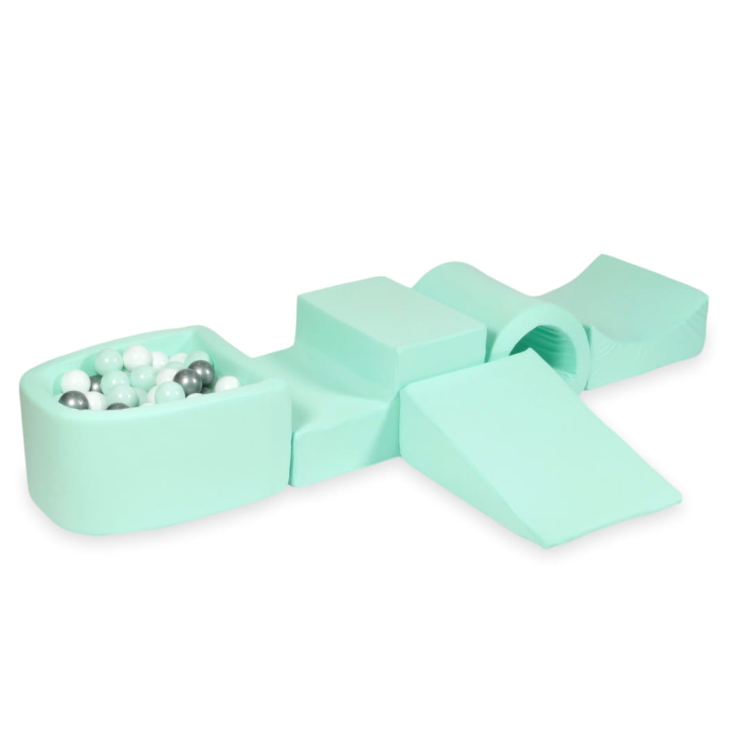 Schaumstoff-Spielbereich mit Brücke und Mini-Mint-Pool + 100 Bälle (hellmint, weiß, silber)