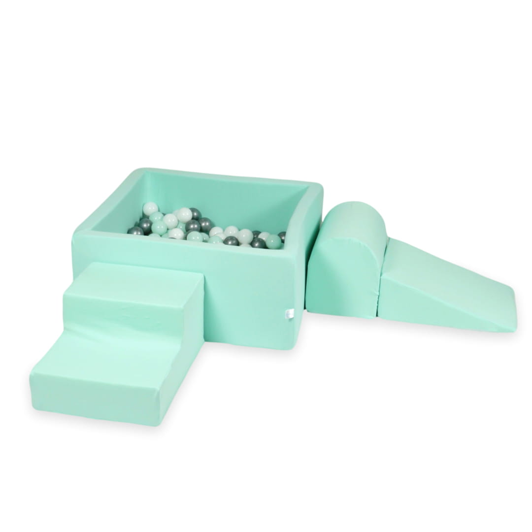 Schaumstoff-Spielbereich mit 90x90x40 cm großem quadratischen Pool, mintgrün + 400 Bälle (hellmint, weiß, silber)