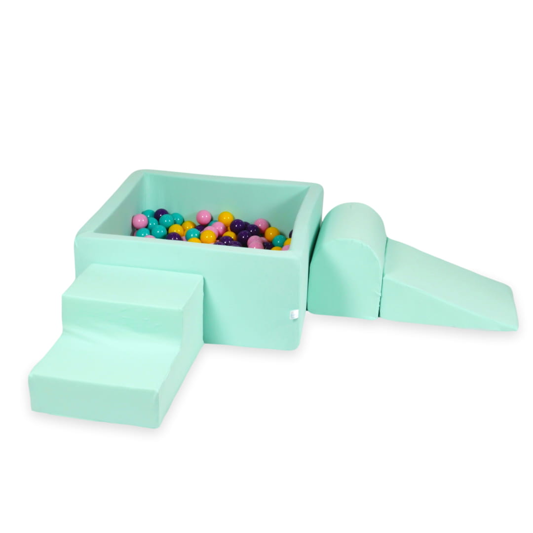 Schaumstoffspielbereich mit 90x90x40 cm großem quadratischen Pool, mintgrün + 400 Bälle (lila, puderrosa, türkis, gelb)