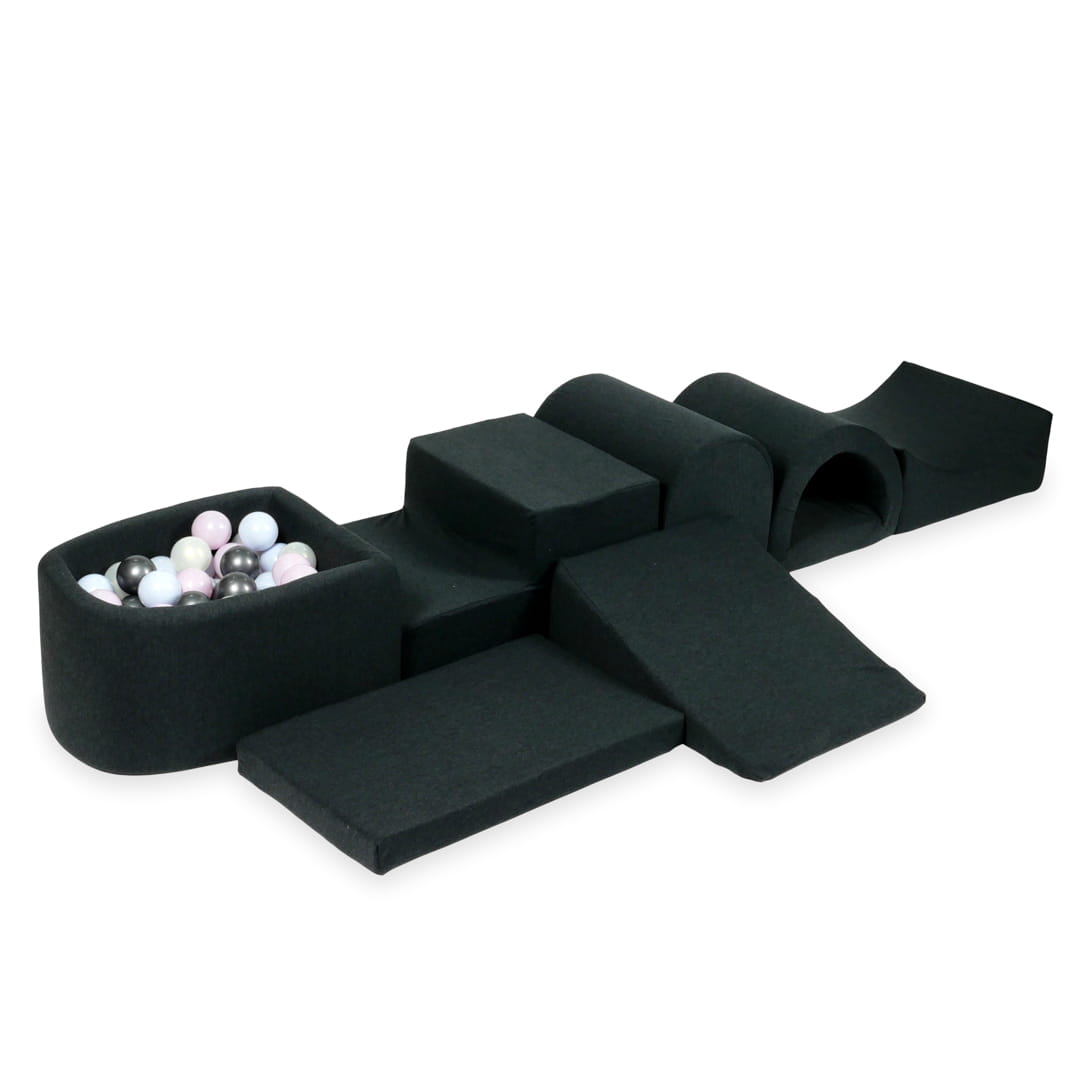 Größter Schaumstoffspielbereich mit Mikrographitbecken + 100 Bälle (Perlmuttrosa, Perlmuttblau, Metallic-Graphit, irisierend)
