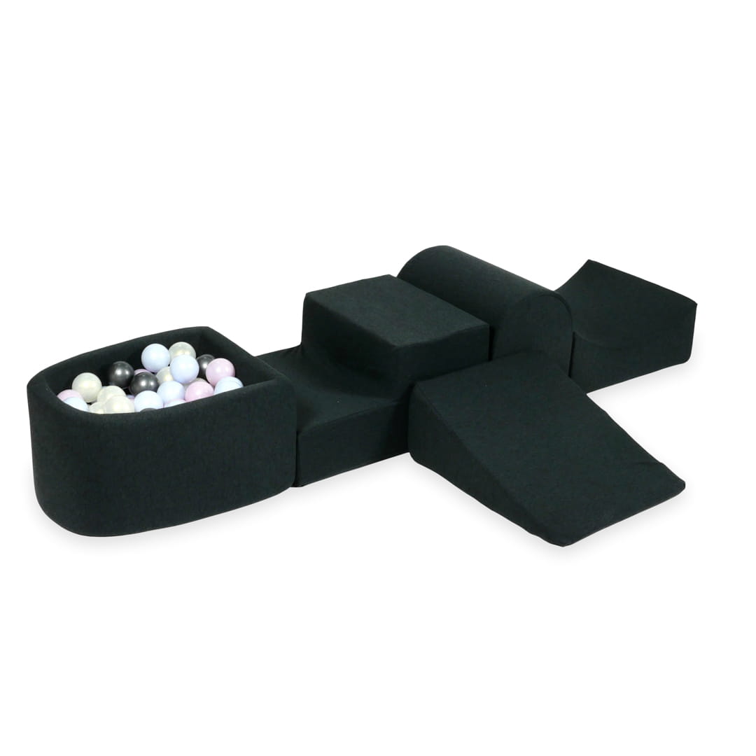 Schaumstoffspielbereich mit Hügel und Mikrographitbecken + 100 Bälle (Perlmuttrosa, Perlmuttblau, Metallic-Graphit, irisierend)