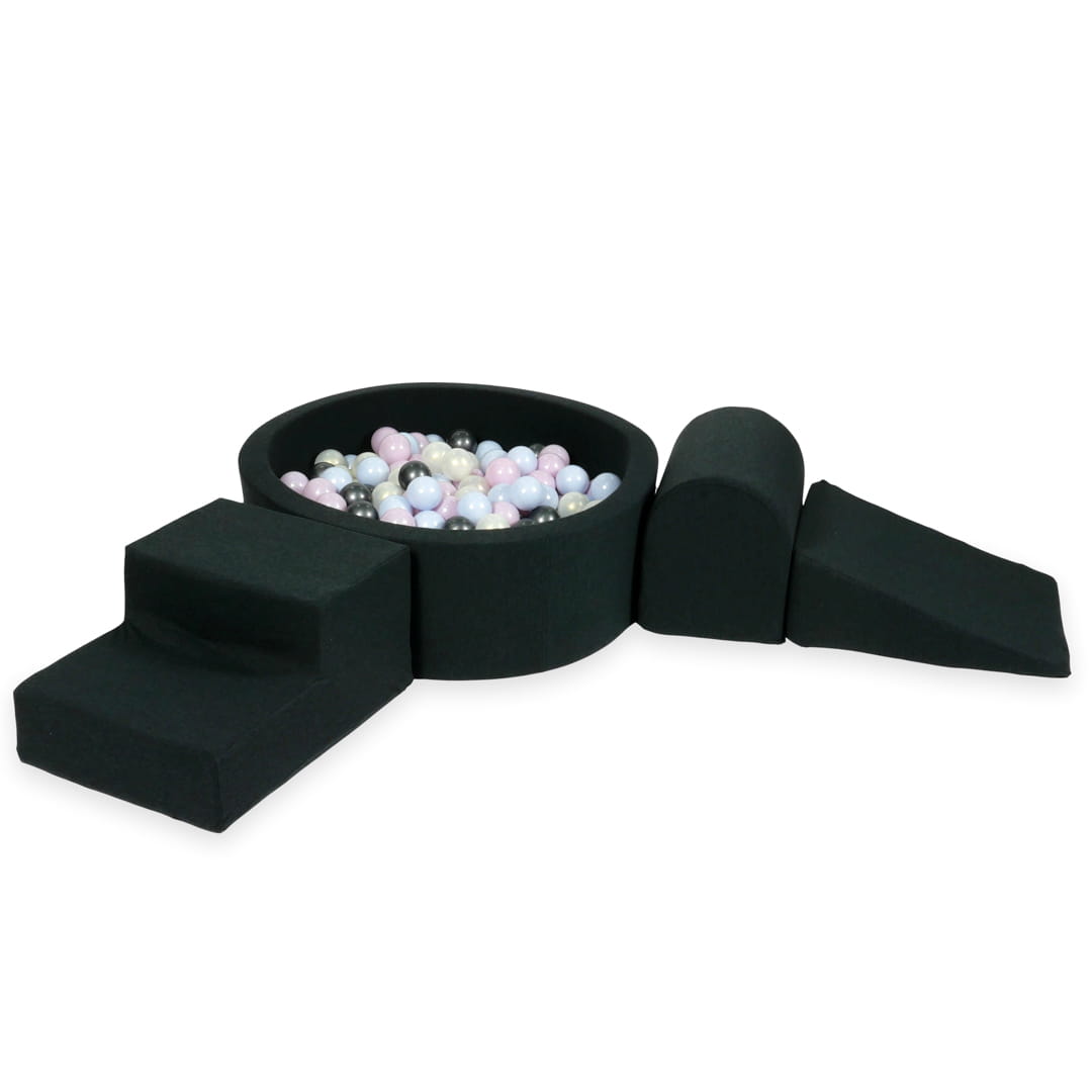 Schaumstoffspielbereich mit rundem 90x30 Graphit-Pool + 200 Bälle (Perlrosa, Perlblau, Metallic-Graphit, irisierend)