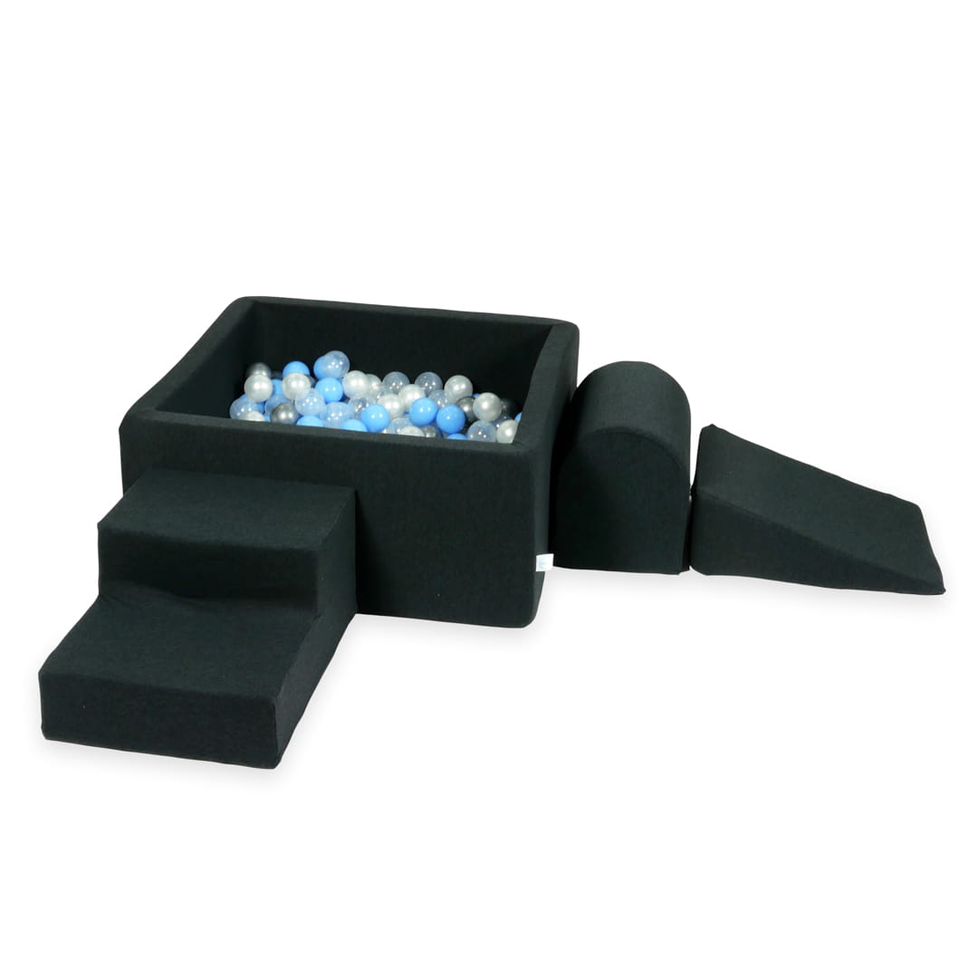 Schaumstoffspielbereich mit quadratischem Pool 90x90x40 Graphit + 400 Bälle (silber, hellblau, perlmuttfarben, transparent)