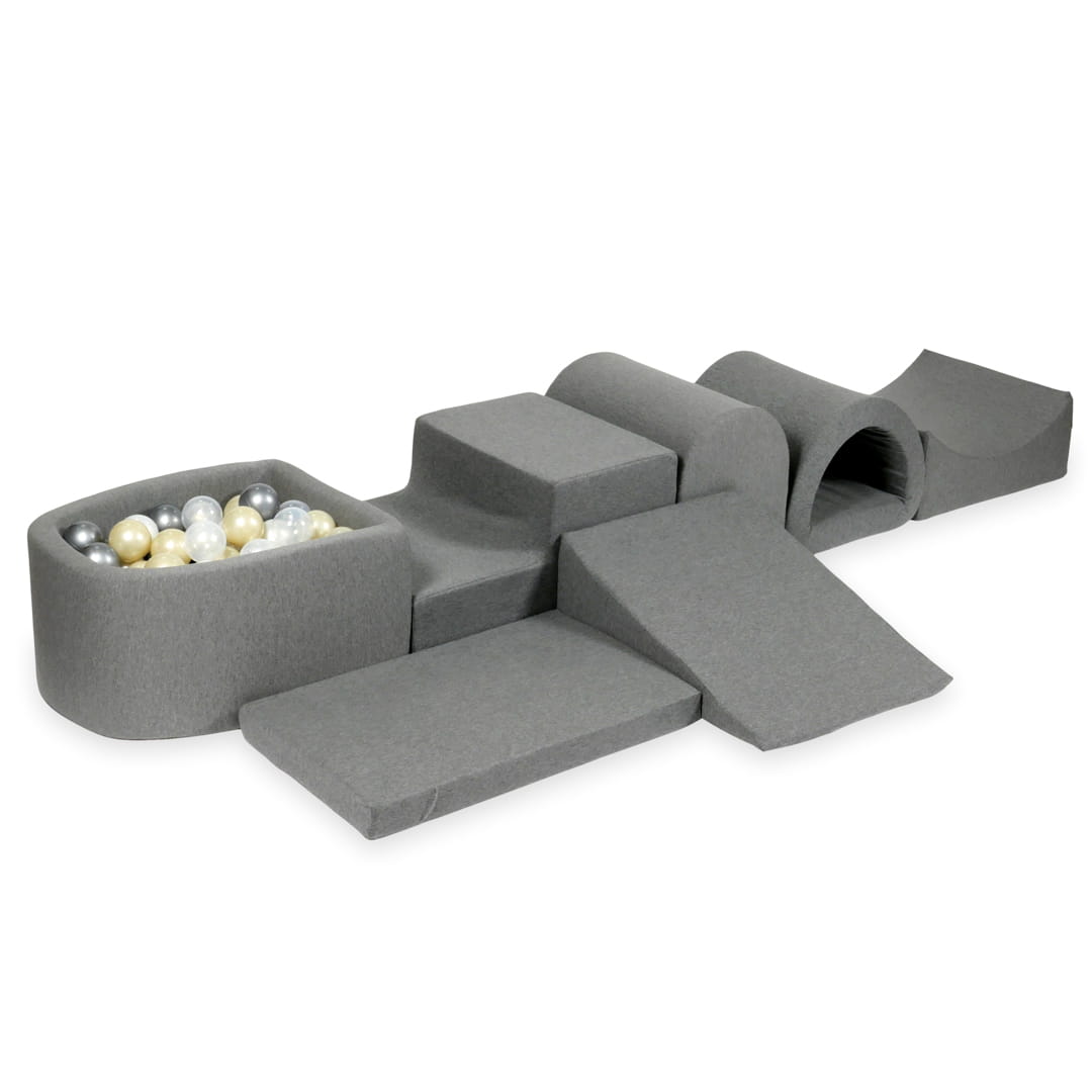 Größter Schaumstoffspielbereich mit grauem Mini-Pool + 100 Bällen (hellgold, perlmutt, silber, transparent)