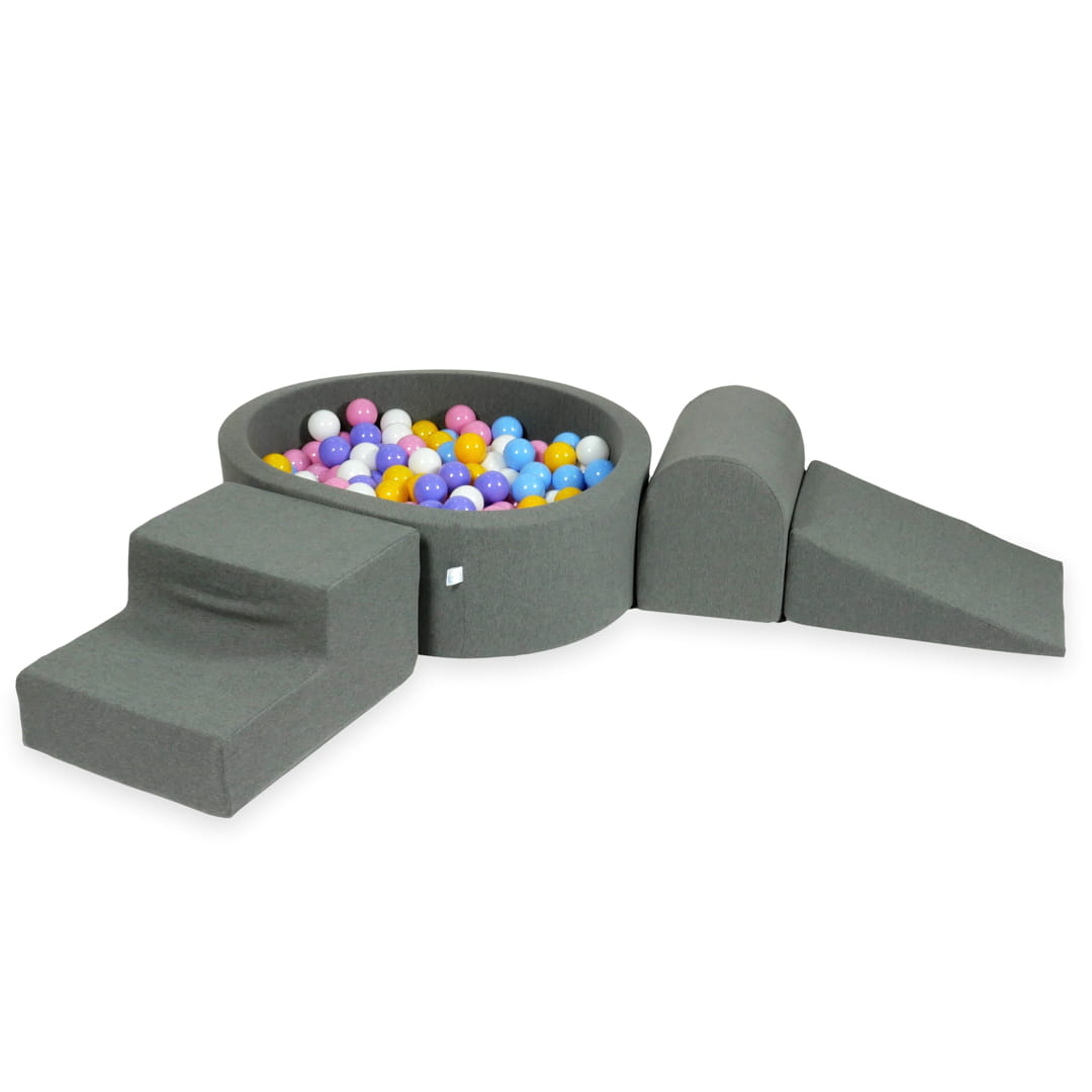 Schaumstoffspielbereich mit rundem 90x30 grauem Pool + 200 Bällen (hellblau, gelb, meliert, puderrosa, weiß)
