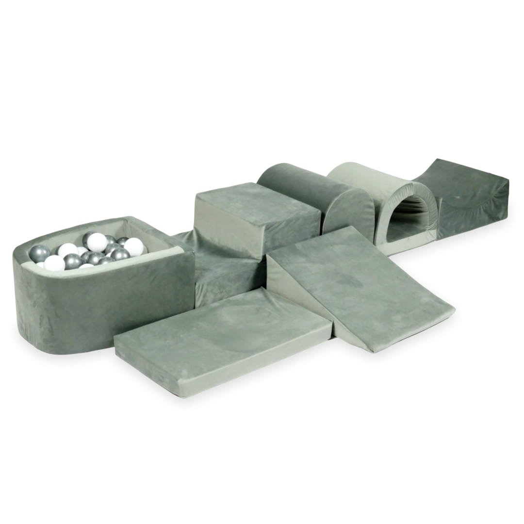 Größter Schaumstoffspielbereich mit grauem Mikrofaser-Pool und 100 Bällen (weiß, silber)