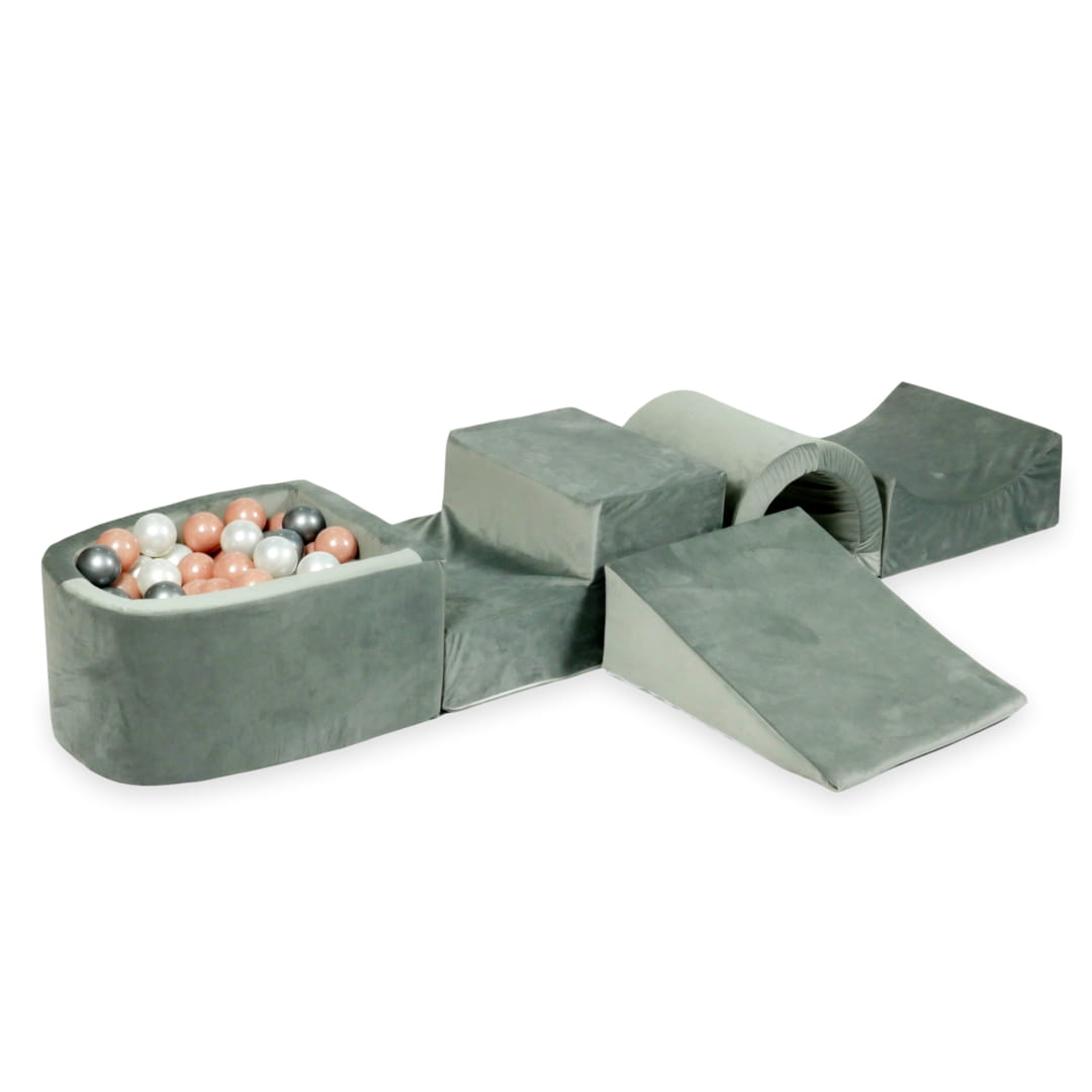 Schaumstoffspielbereich mit Brücke und grauem Mikrofaser-Pool + 100 Bälle (silber, perlmutt, roségold)
